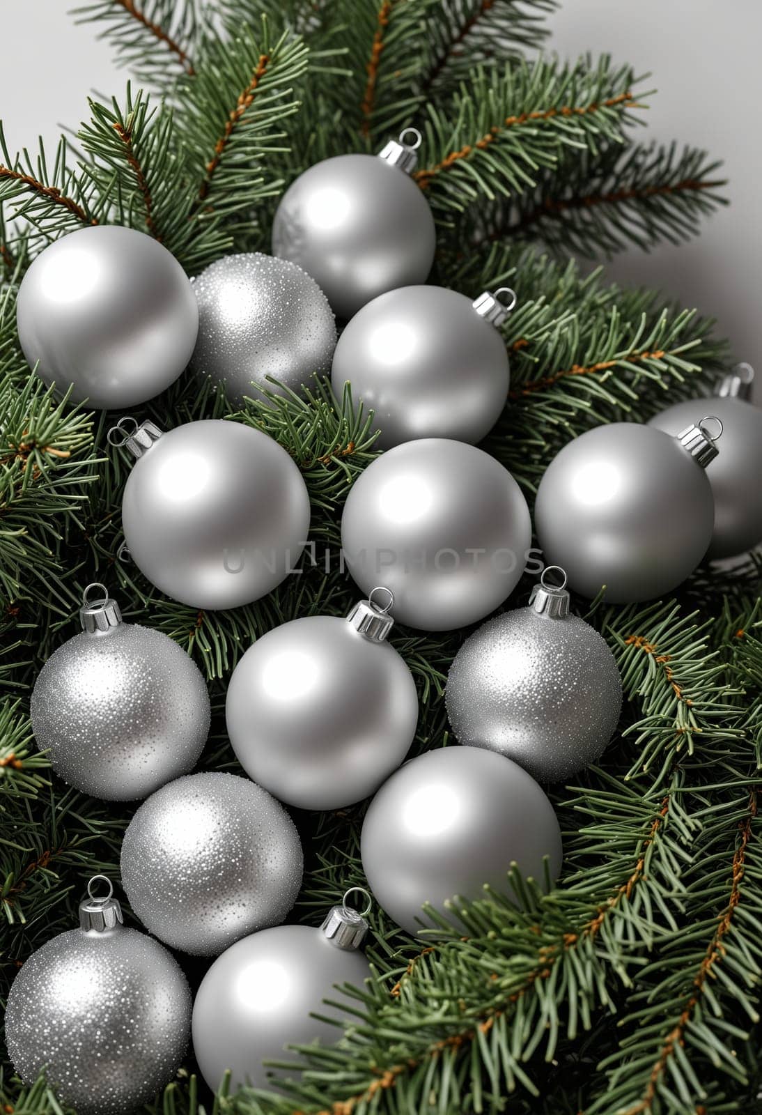 A close-up image showcasing a cluster of silver Christmas ornaments nestled amongst vibrant green evergreen branches. The ornaments reflect light, creating a sparkling effect, while the lush branches create a backdrop of natural beauty.