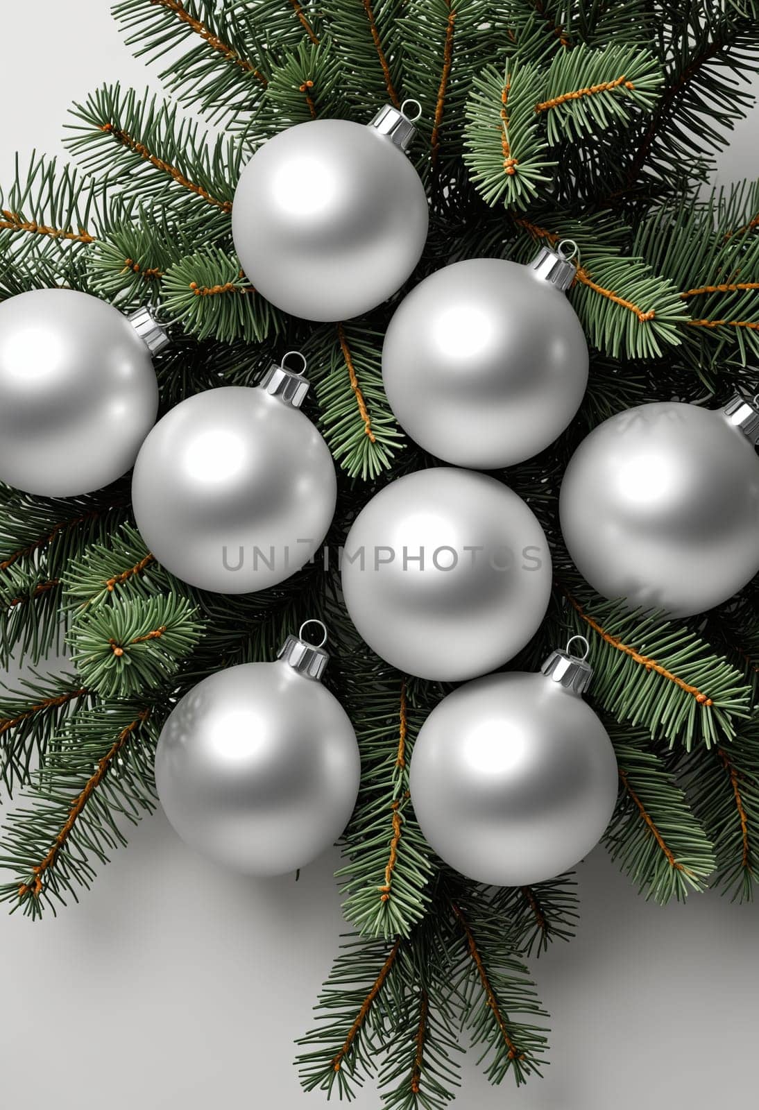 A close-up image of four silver Christmas ornaments resting on a bed of evergreen branches. The ornaments are perfectly round and have a smooth, reflective surface. The branches are green and lush, adding a touch of holiday cheer to the scene.