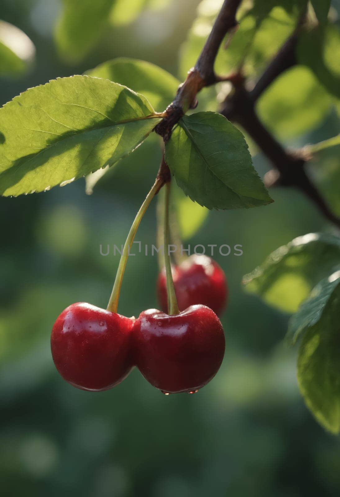 Close-up image of ripe red cherries hanging from a branch in a lush orchard. The cherries are illuminated by the sun, highlighting their glossy surface. The green leaves of the tree frame the scene, creating a vibrant and natural backdrop.