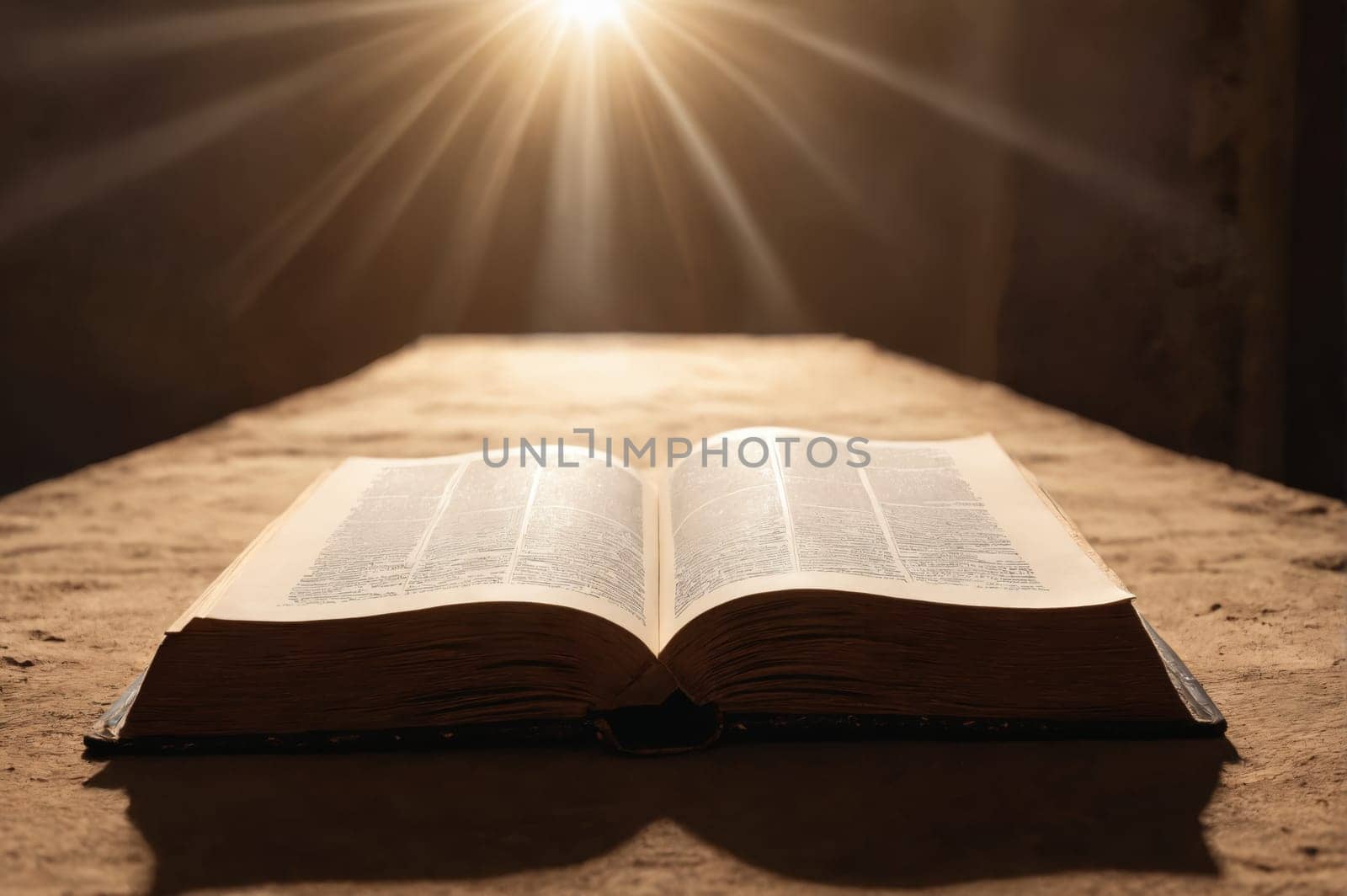 The image shows an open Bible resting on a beige surface. A bright light shines down on the book from above, emanating from the upper left corner of the frame and casting soft rays across the page. In the background, the silhouette of a dove with outstretched wings appears suspended in mid-air, creating a sense of peace and divine presence.
