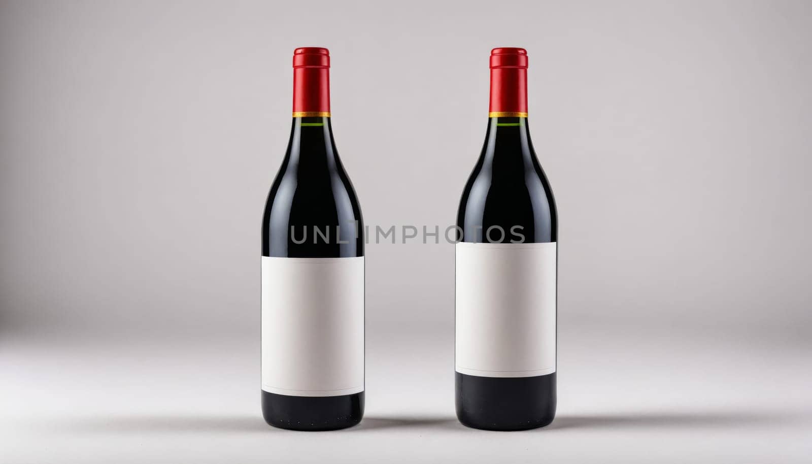 A studio photograph of two unlabeled wine bottles with red caps. The bottles are on a white surface and have a blank label on each. The background is a plain white wall.