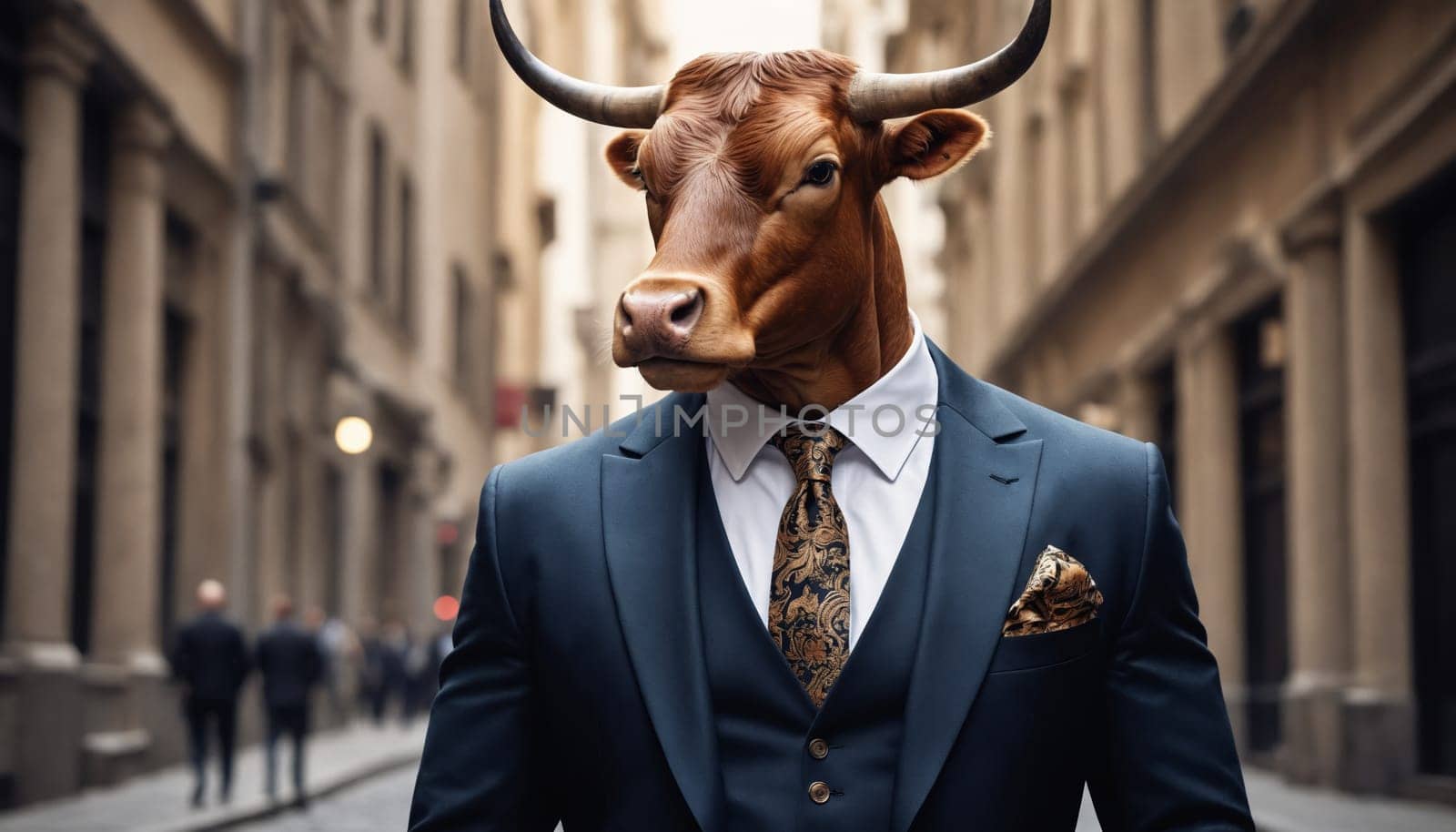 A bull with a human body is wearing a blue suit with a gold patterned tie and pocket square, walking down a city street. The bull is looking towards the right side of the frame and appears to be confidently striding toward his destination. The background is blurred, but it is clear that the bull is in a bustling urban environment.
