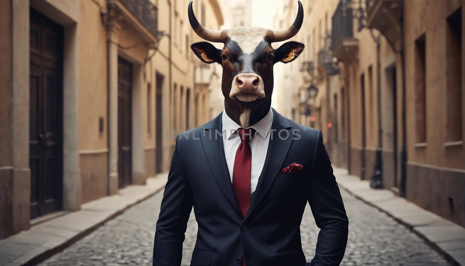 A man in a dark suit with a bulls head walks down a cobblestone street in an urban environment. The man is wearing a red tie and a white shirt. The street is lined with buildings and the day is overcast. The man appears to be a businessman walking to work.