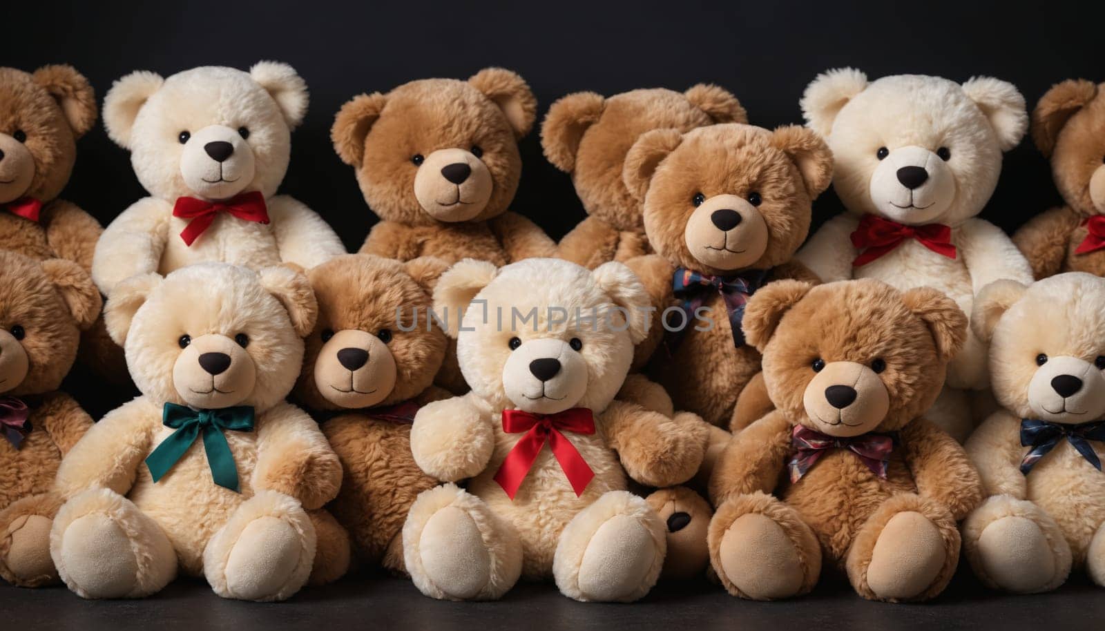 A group of plush teddy bears, each with unique features and colors, are gathered together on a dark background. Their soft, furry bodies and sweet expressions evoke a sense of warmth and comfort. The teddy bears are arranged in a casual, playful manner, suggesting a sense of camaraderie and togetherness.