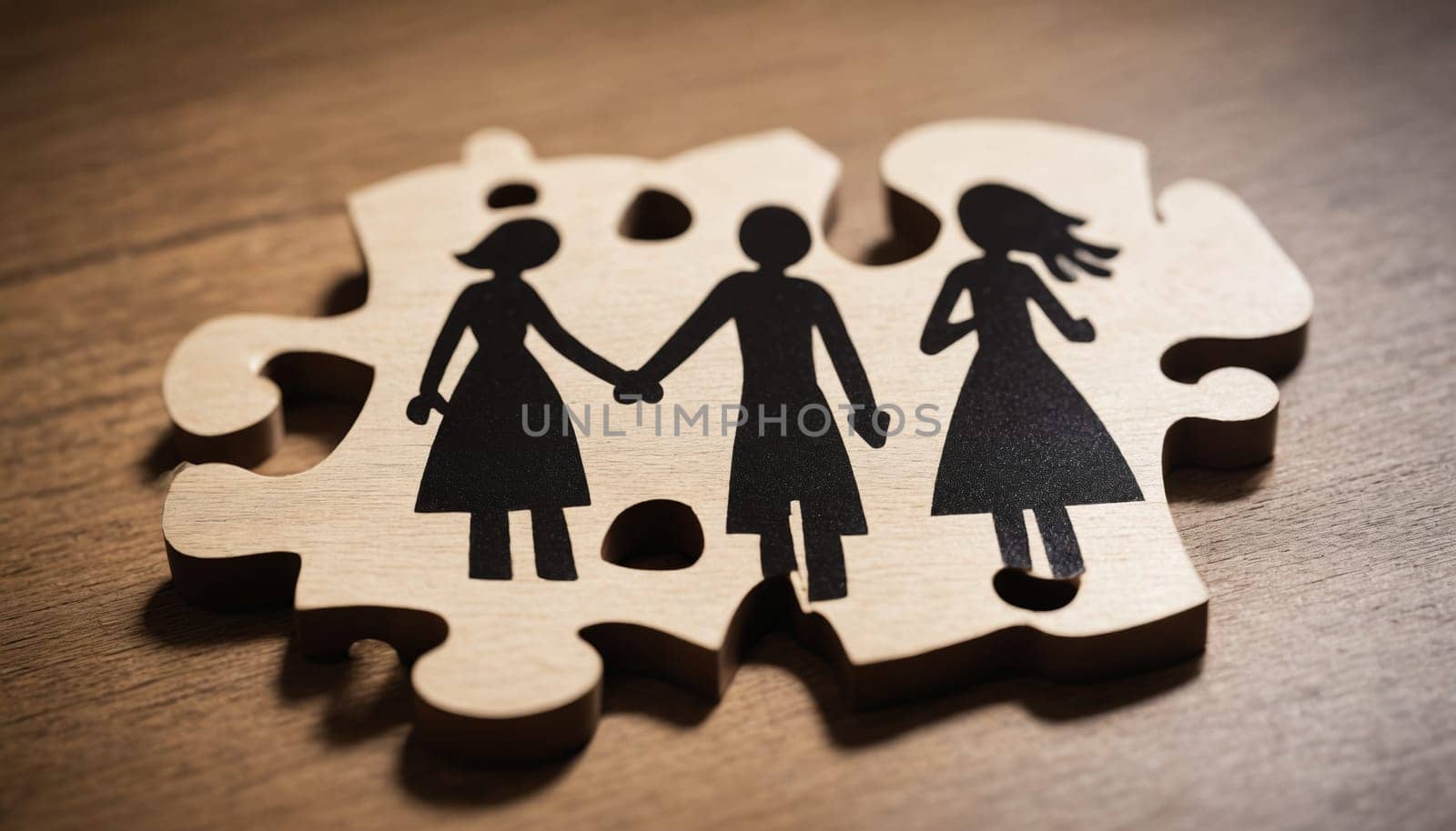 A close-up photo of a wooden puzzle piece with three black silhouettes of women holding hands. The piece is laying on a wooden surface. The image represents unity, togetherness, and connection.