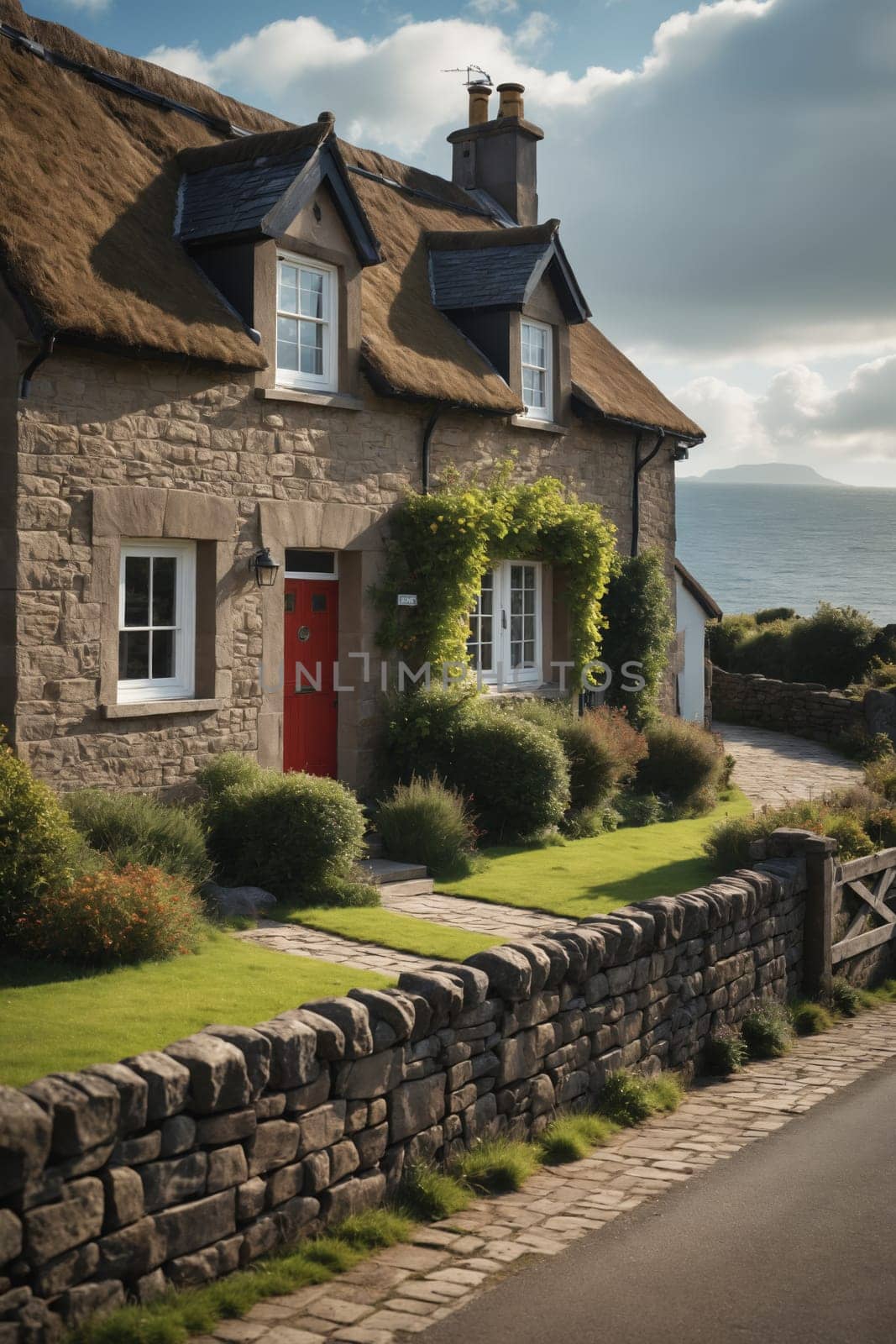 A charming stone cottage with a green door stands on a grassy cliff overlooking a calm sea at sunset. The house features a slate roof, small windows, and manicured bushes in the front yard. The picturesque scenery showcases the beauty of the rugged coastline.