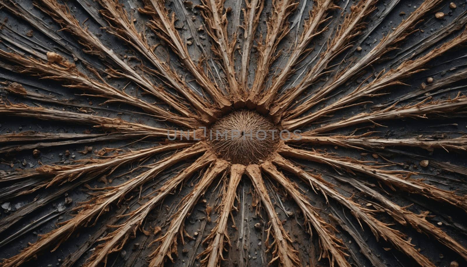 A close-up image showcases a dried palm frond with its intricate radial pattern. The center of the frond is a dark, circular hub from which numerous brown, thin, and fibrous strands extend outwards, creating a mesmerizing sunburst effect.