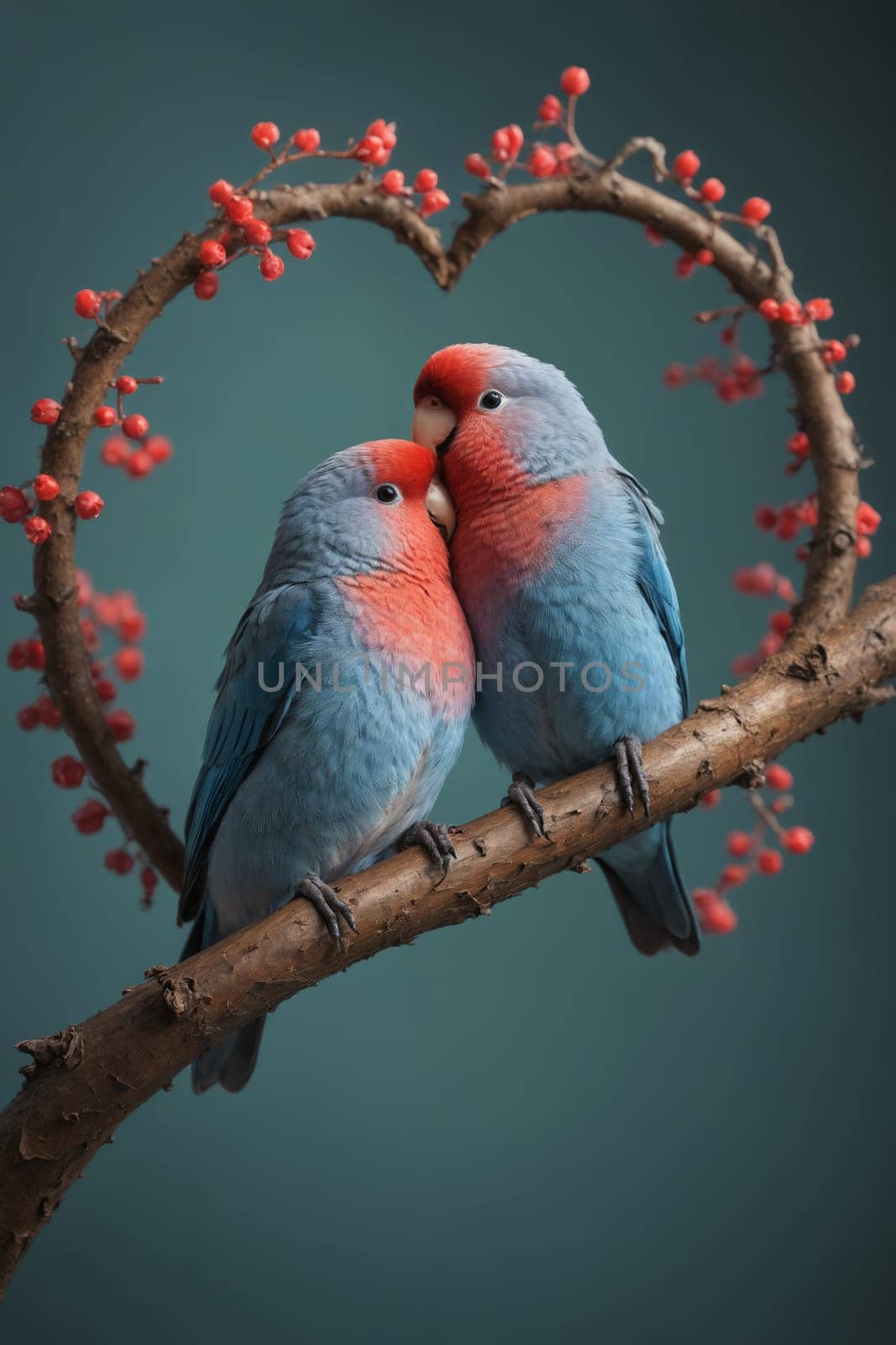 Two lovebirds, with vibrant blue and red plumage, perch on a branch, forming a heart shape with their bodies. They gaze lovingly at each other, creating a heartwarming scene of affection and connection. The birds are positioned against a soft brown background, highlighting their vibrant colors.