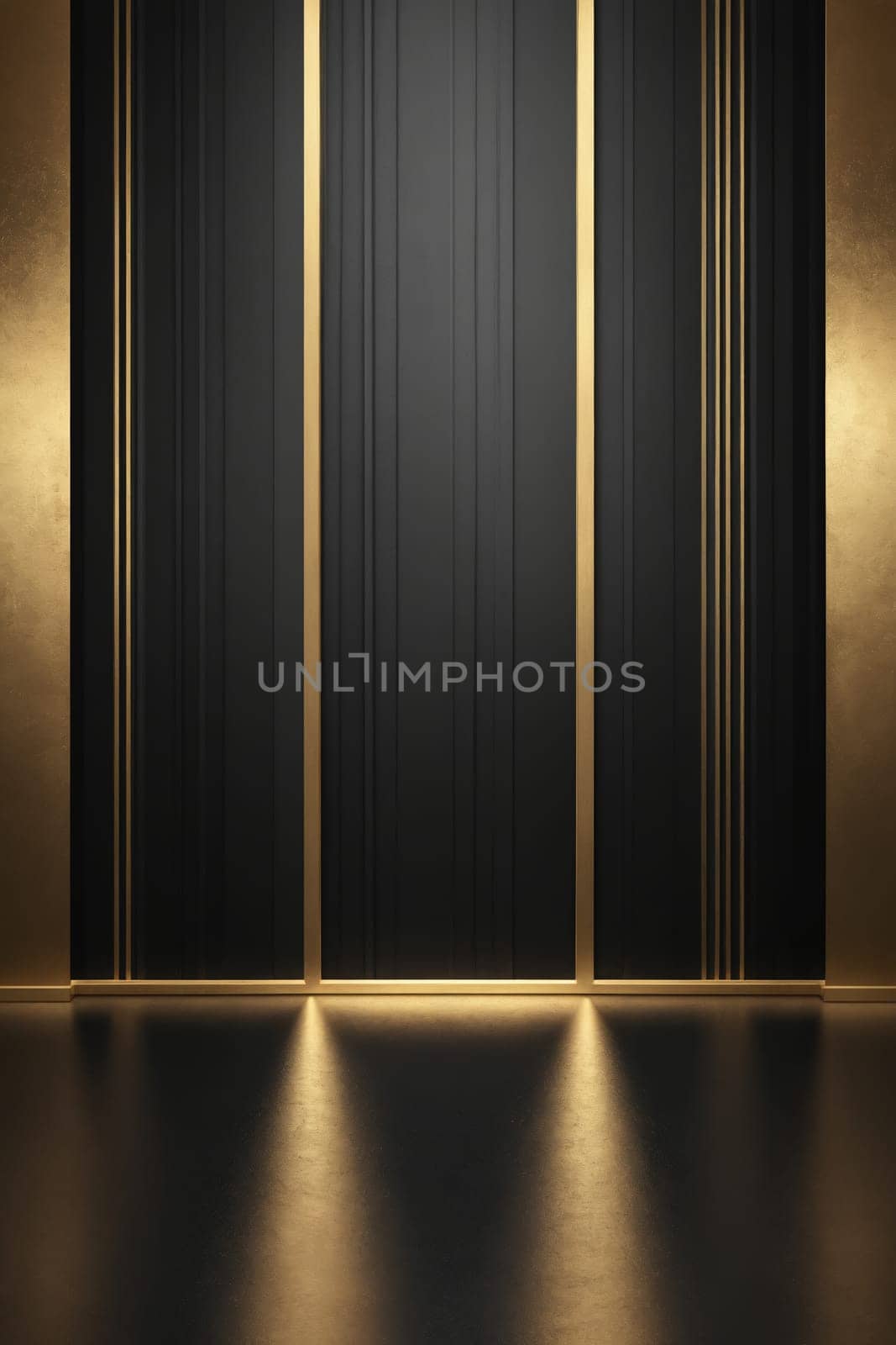A minimalist design aesthetic with a black, textured wall accented by thin gold vertical lines. The scene is illuminated by soft, golden light that casts a warm glow on the floor, creating a dramatic and elegant atmosphere.