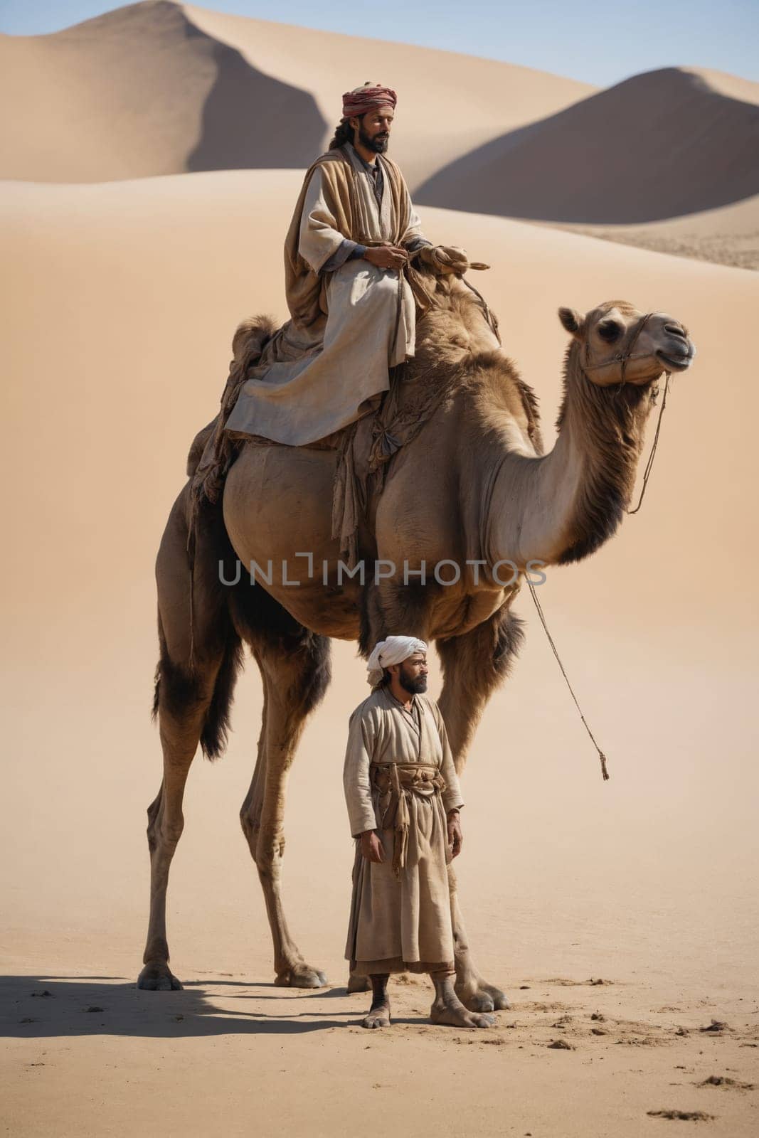 A man in traditional Arab attire rides a camel across a vast, sandy desert landscape. The camel strides confidently, its long legs carrying the man across the dunes. A second man, also wearing traditional clothes, walks beside the camel. The sunlight casts long shadows on the sand, creating a sense of depth and solitude.