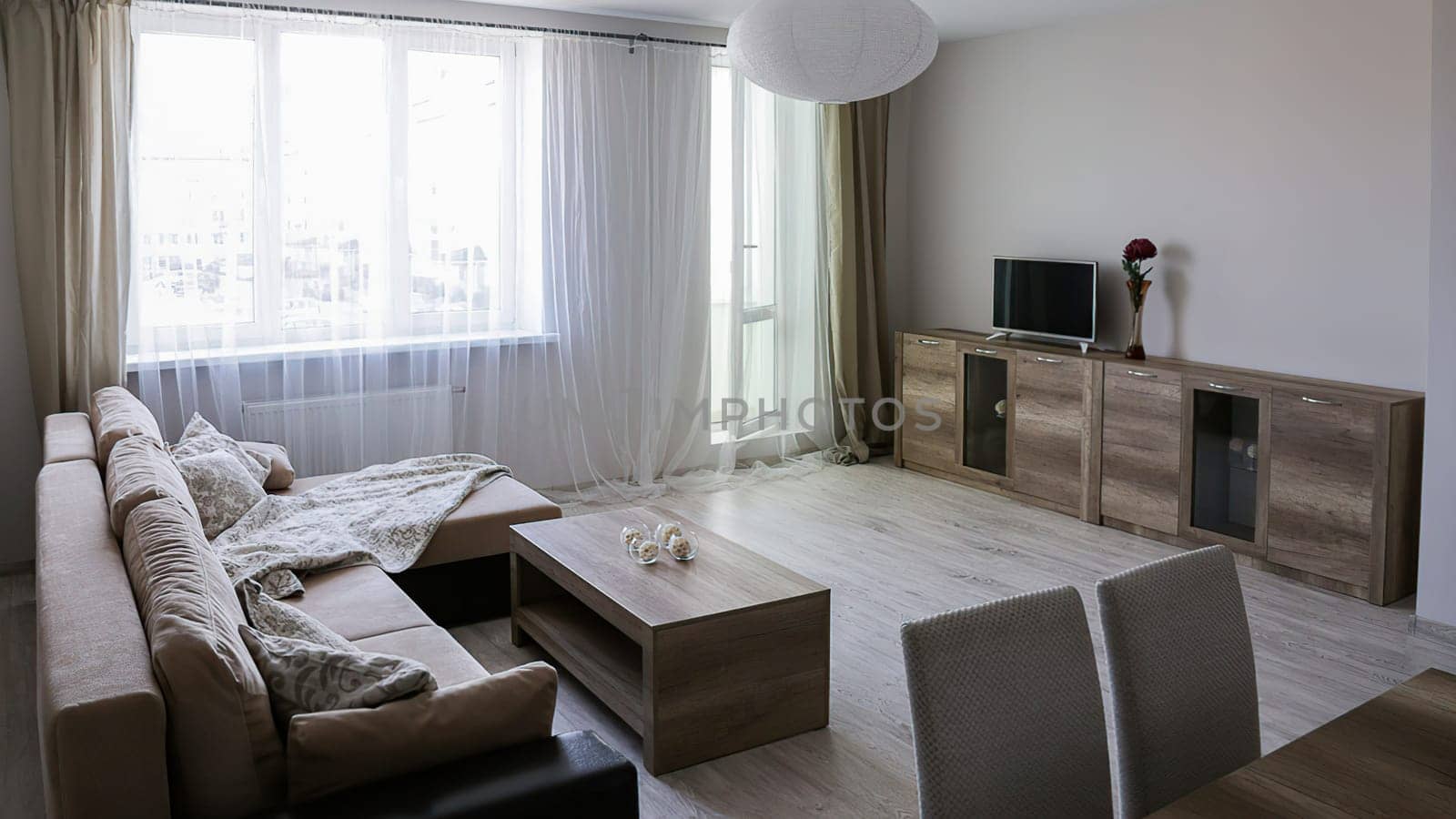 Interior of a new modern apartment with a sofa, chest of drawers, table, TV, vase with a red flower, another table with two chairs, pastel colors.