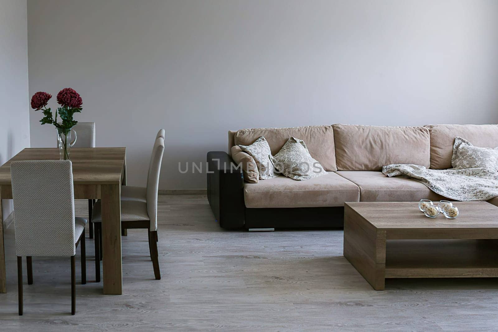 A sofa with throws and pillows, a coffee table, a table with three chairs, a vase with red flowers, a light gray floor and walls.