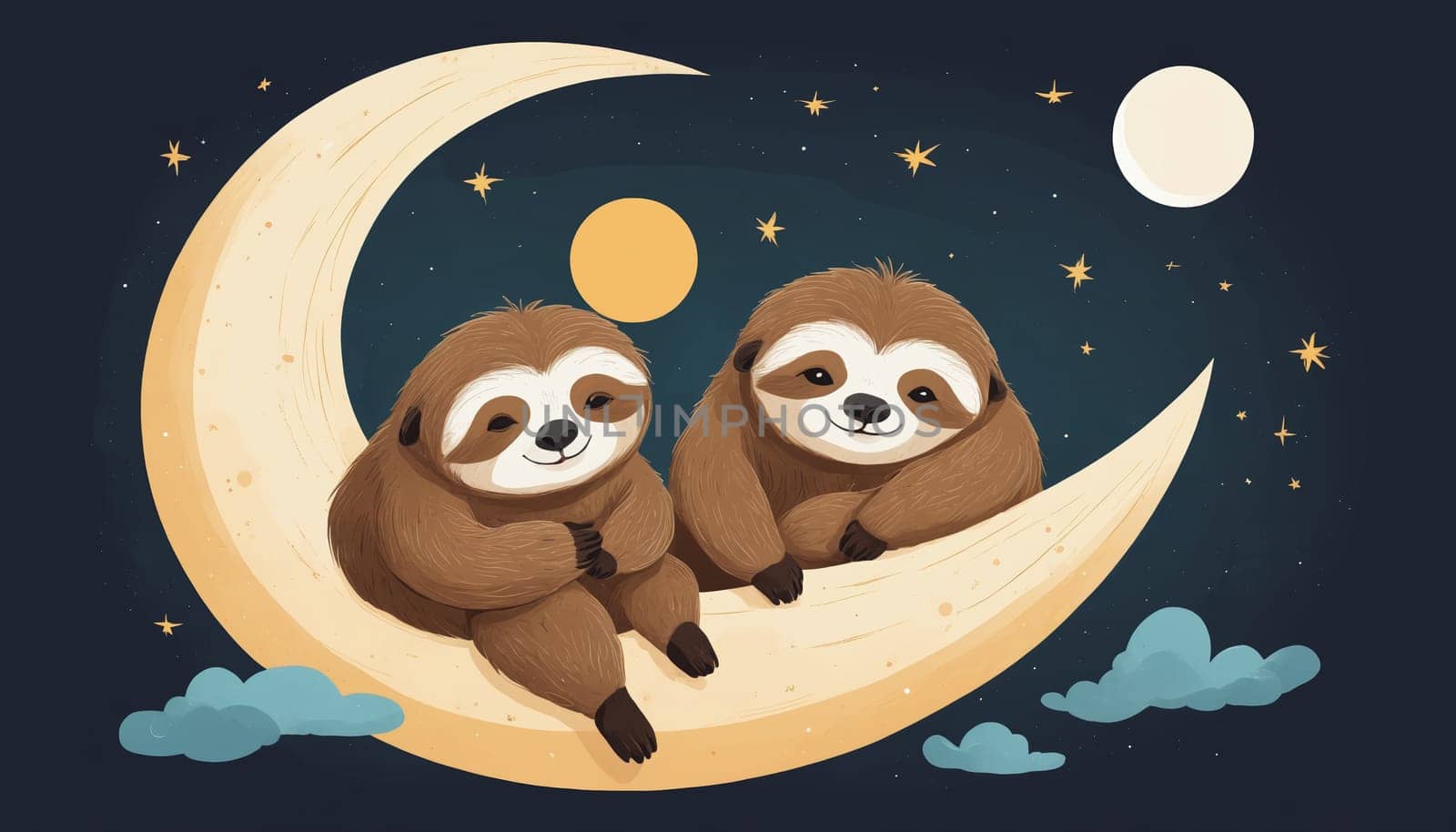 A digital illustration of two sloths sitting on a crescent moon in a night sky. The sloths appear to be relaxed and happy, and the background features a full moon and a scattering of stars.