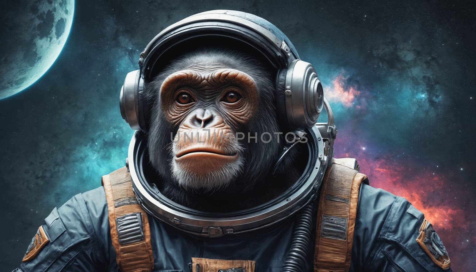 A chimpanzee wearing an astronaut suit and headphones, with a serious expression on its face, stands against a backdrop of a colorful nebula and a distant moon. The image evokes a sense of wonder and exploration, suggesting a journey into the unknown.