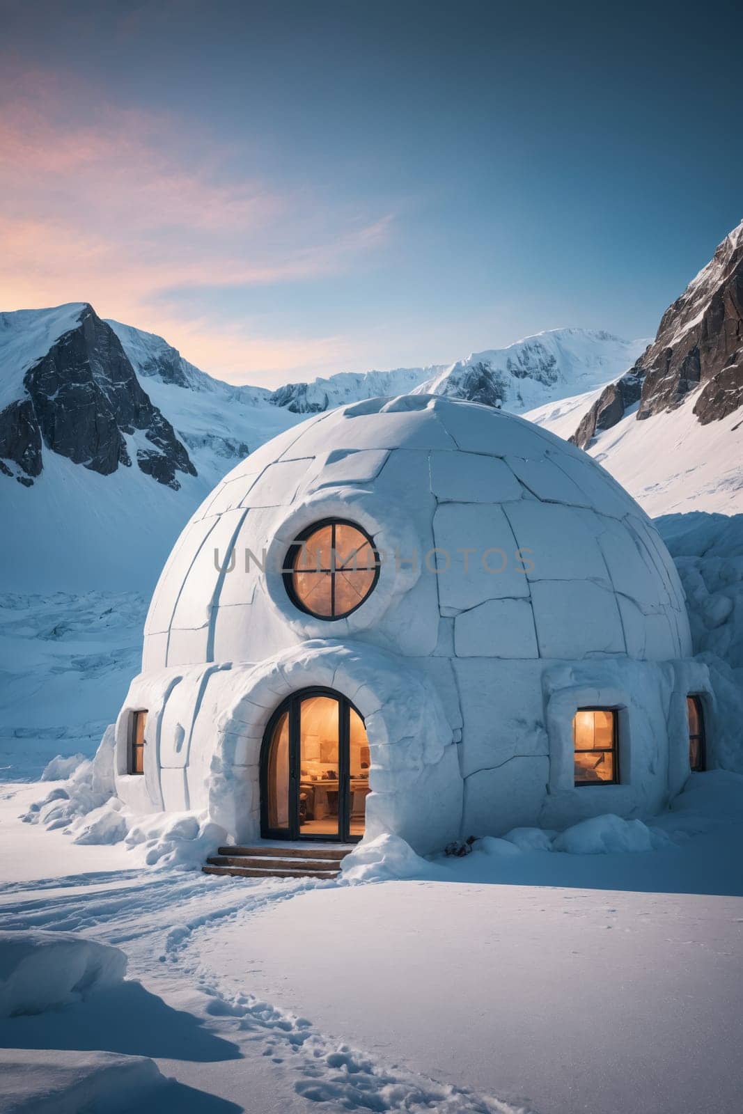 A cozy and inviting dome-shaped home sits amidst a snow-covered landscape, surrounded by towering mountain peaks. The home features large windows that offer breathtaking views of the surrounding scenery. The warm glow of the interior lights creates a sense of comfort and tranquility, making it an ideal place to escape from the hustle and bustle of everyday life.