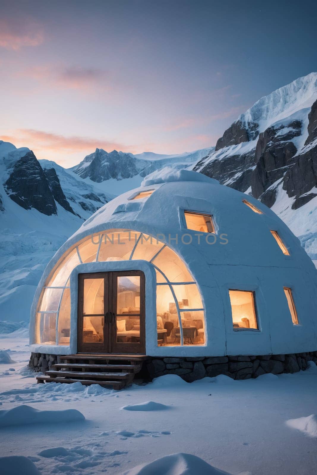 A cozy and inviting dome-shaped home sits amidst a snow-covered landscape, surrounded by towering mountain peaks. The home features large windows that offer breathtaking views of the surrounding scenery. The warm glow of the interior lights creates a sense of comfort and tranquility, making it an ideal place to escape from the hustle and bustle of everyday life.