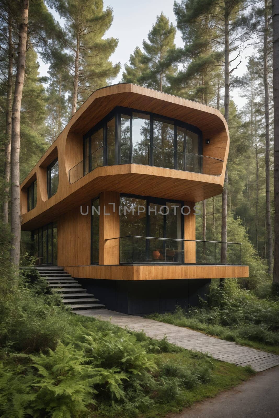A modern, wooden cabin with a unique curved design is nestled amidst a lush pine forest. The cabin features large windows and a balcony, offering stunning views of the surrounding nature. A set of stairs leads down to a pathway, providing access to the secluded dwelling.
