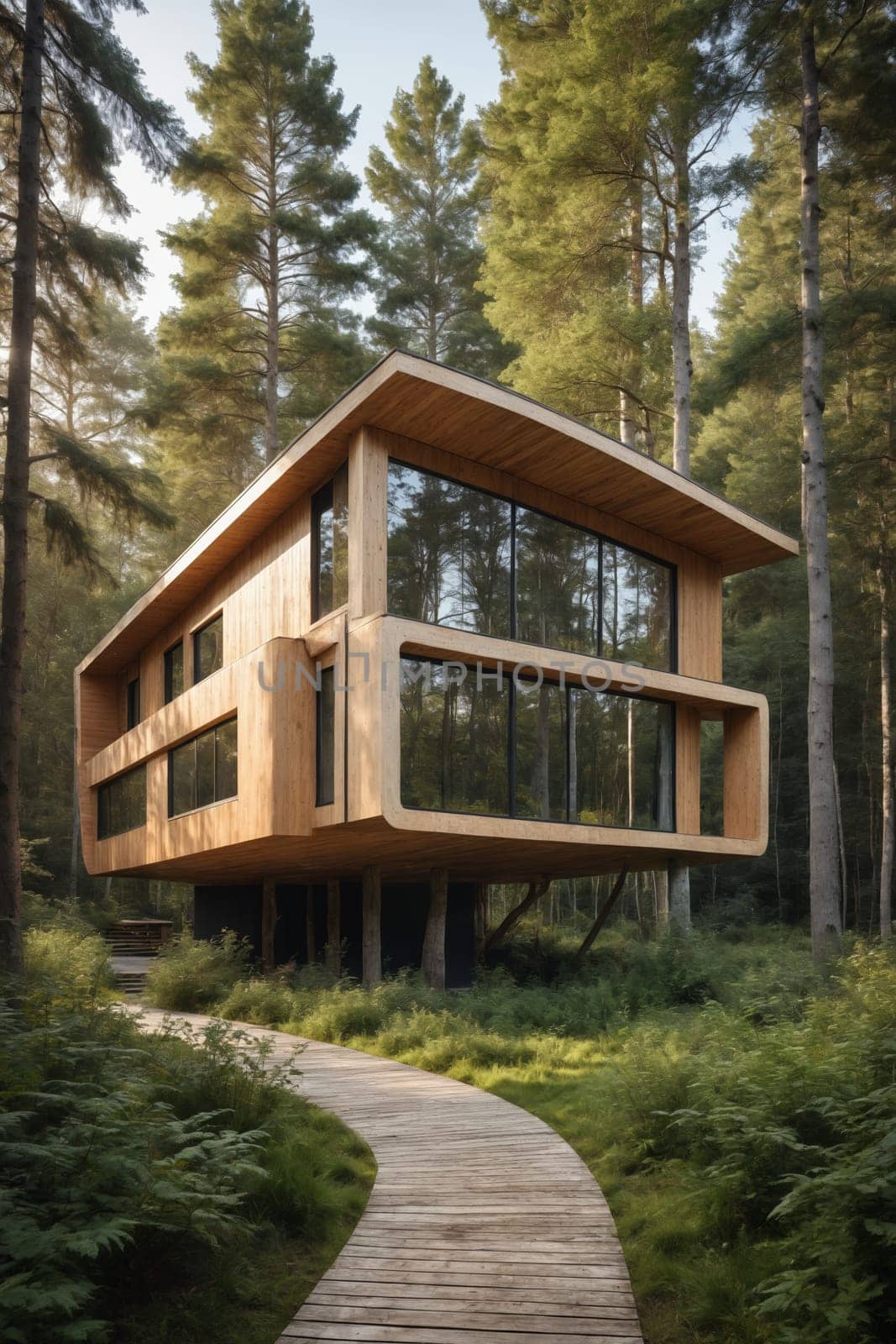 A modern wooden cabin with large windows and a spacious deck sits on stilts in a dense forest. Sunlight filters through the trees, casting dappled shadows on the ground. The cabin is surrounded by lush greenery, creating a tranquil and secluded setting.