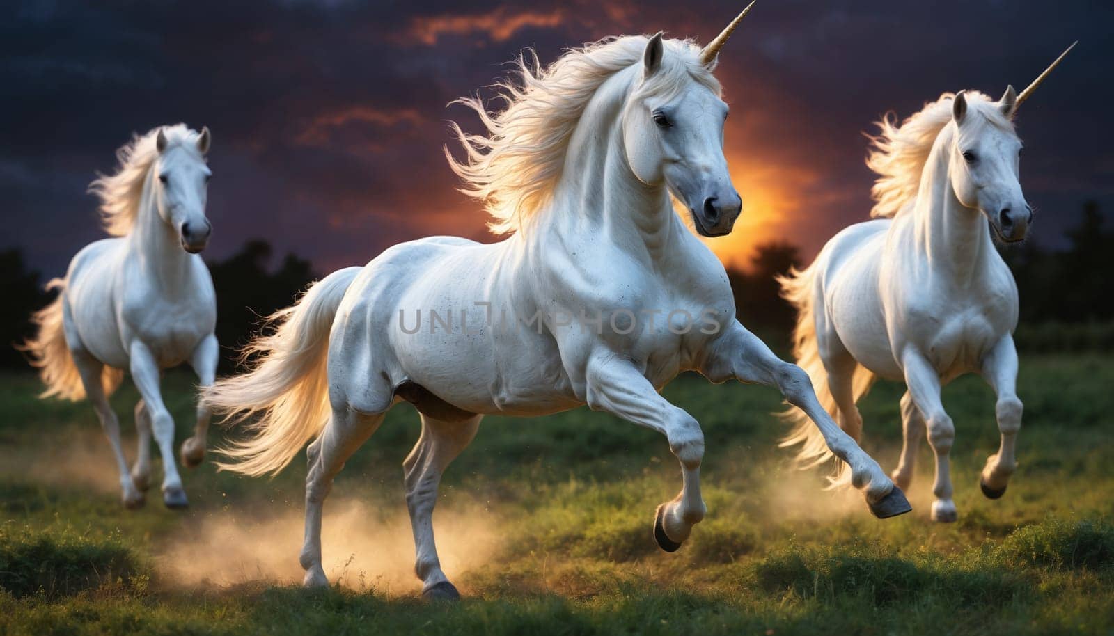 Three white unicorns with flowing manes run across a green field with a sunset in the background. The unicorns horns are gold and they are all moving in the same direction.