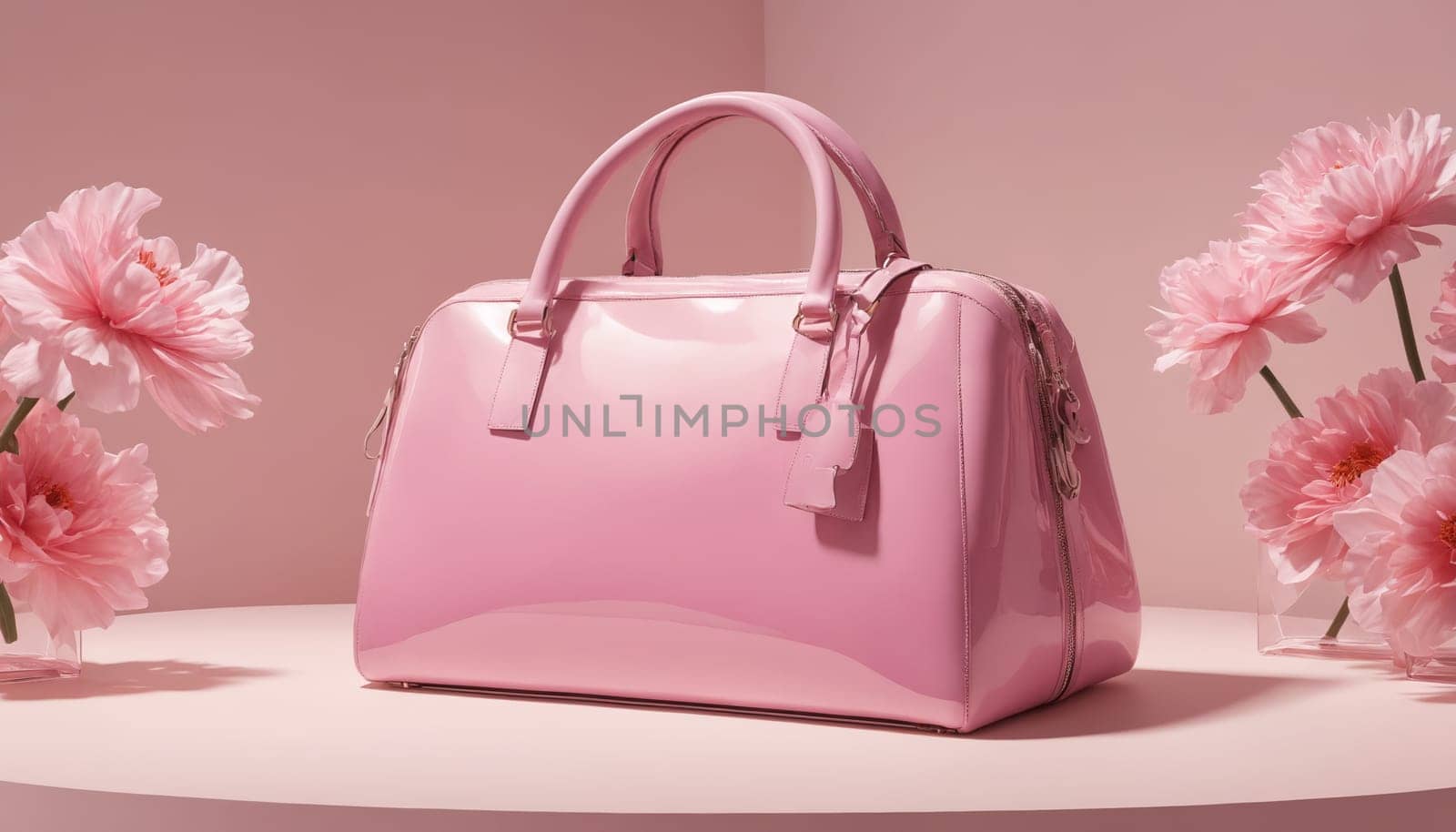 A pink patent leather handbag rests on a pale pink surface, framed by delicate peach blossoms. The shiny, smooth surface of the handbag reflects the soft light, adding a touch of elegance to the image. The flowers, with their soft petals and delicate fragrance, add a touch of femininity and beauty to the composition.