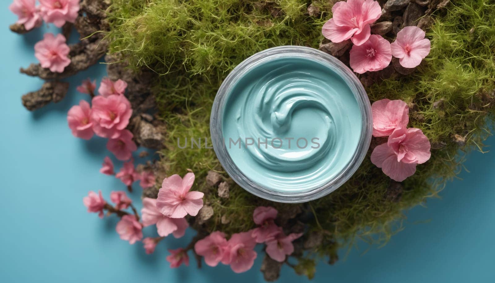 A white jar of face mask with a teal and pink mixture rests atop a bed of soft green moss. Pink blossoms peek out from the moss and surround the jar, adding a touch of delicate beauty to the scene.