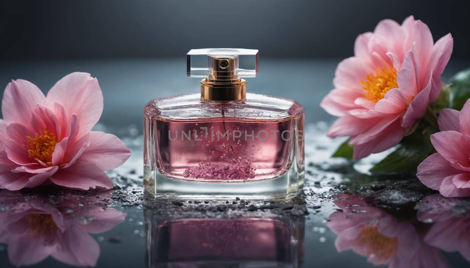 A glass bottle of perfume sits on a wet, dark surface, surrounded by delicate white and pink flowers. The reflection of the bottle and the flowers in the water creates a beautiful and symmetrical composition.