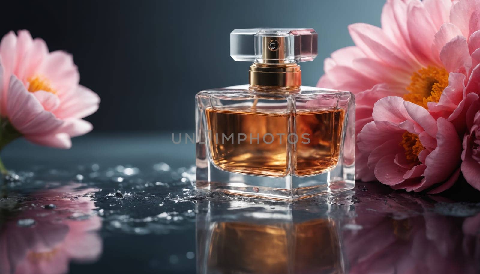 A glass bottle of perfume sits on a reflective surface, surrounded by four pink flowers. Water droplets on the surface reflect the light, creating a soft and romantic atmosphere.
