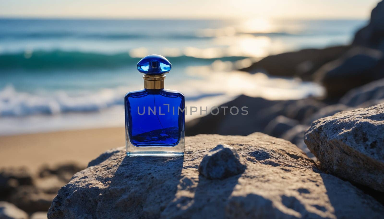 A close-up shot of a blue perfume bottle sitting on a rock overlooking the ocean. The waves lap at the shore in the background, and the sun sets over the horizon. The scene captures the essence of a relaxing and calming beach vacation.