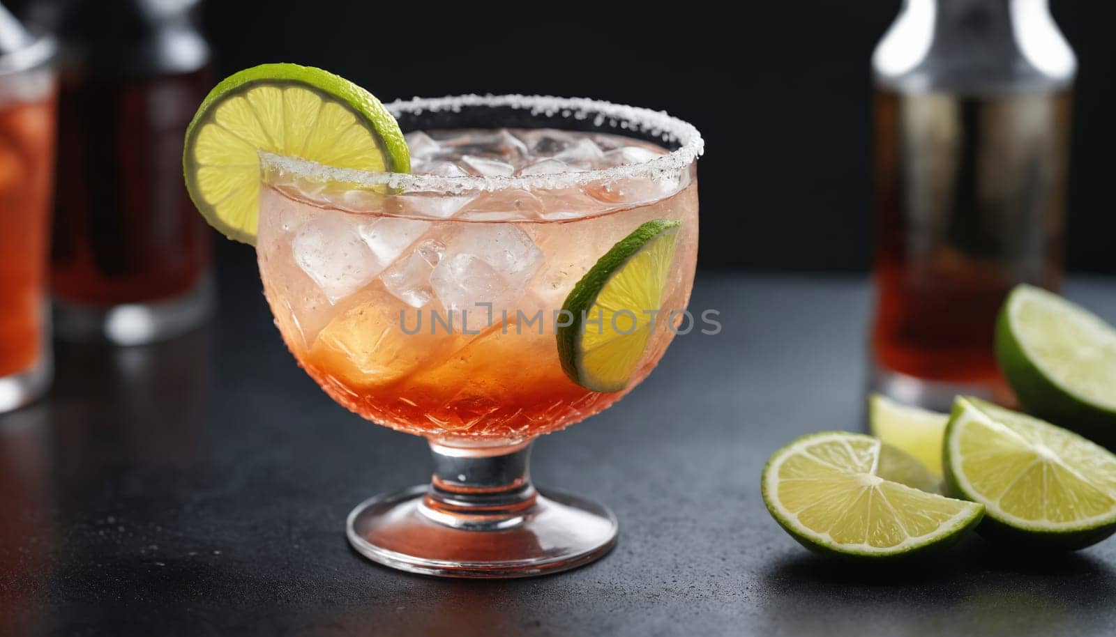 A close-up image of a refreshing cocktail in a coupe glass with a lime wedge garnish and ice cubes. The glass is frosted with salt on the rim. The cocktail is a vibrant orange color, and the lime wedge is bright green.