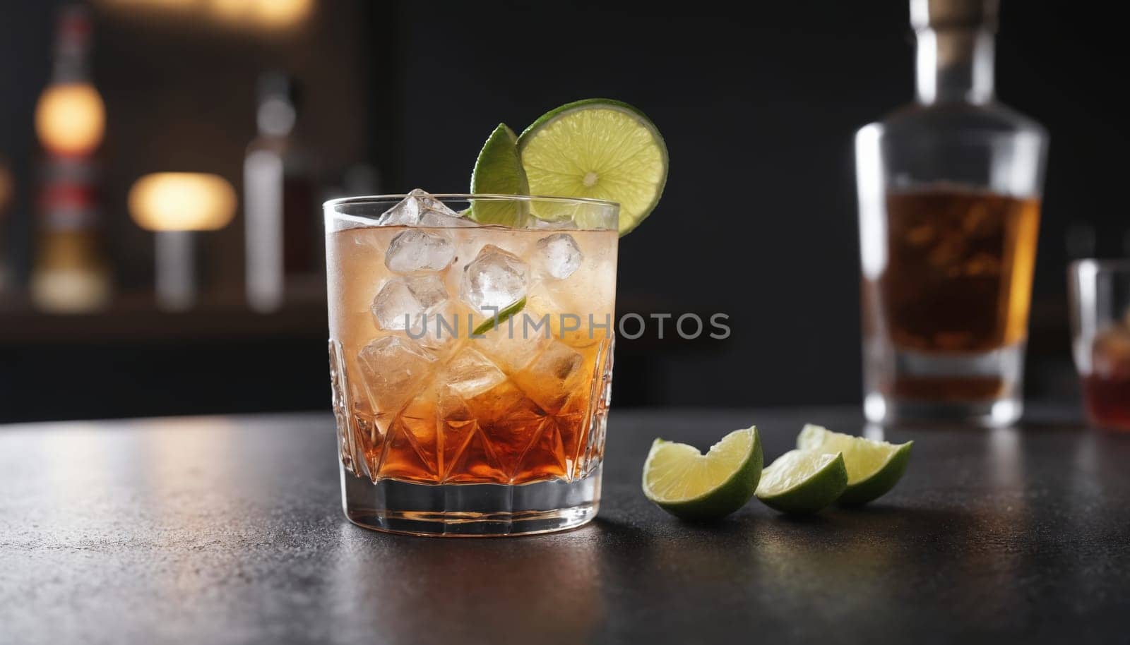A chilled cocktail with ice cubes in a stemmed glass, garnished with a lime wedge, sits on a dark countertop. The drink has a light orange hue and is surrounded by lime slices. The image captures a summery and refreshing vibe.