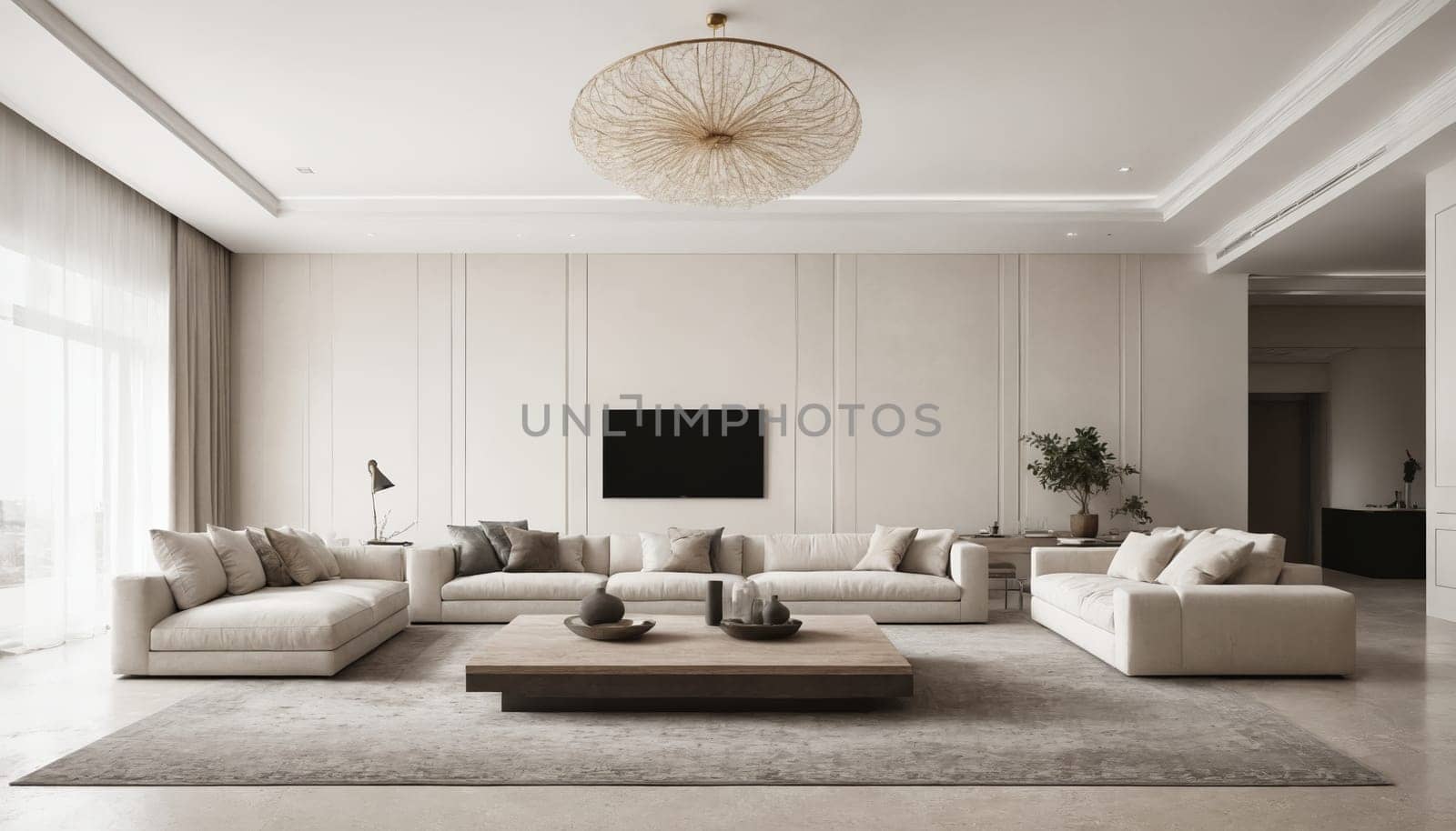 A modern living room with a large sectional sofa and matching armchairs, a coffee table with books and a decorative centerpiece. The walls are white and the curtains are a light beige. The room is decorated with a neutral color palette and features a modern abstract painting over the mantle. The room is well-lit with natural light coming in through the windows.