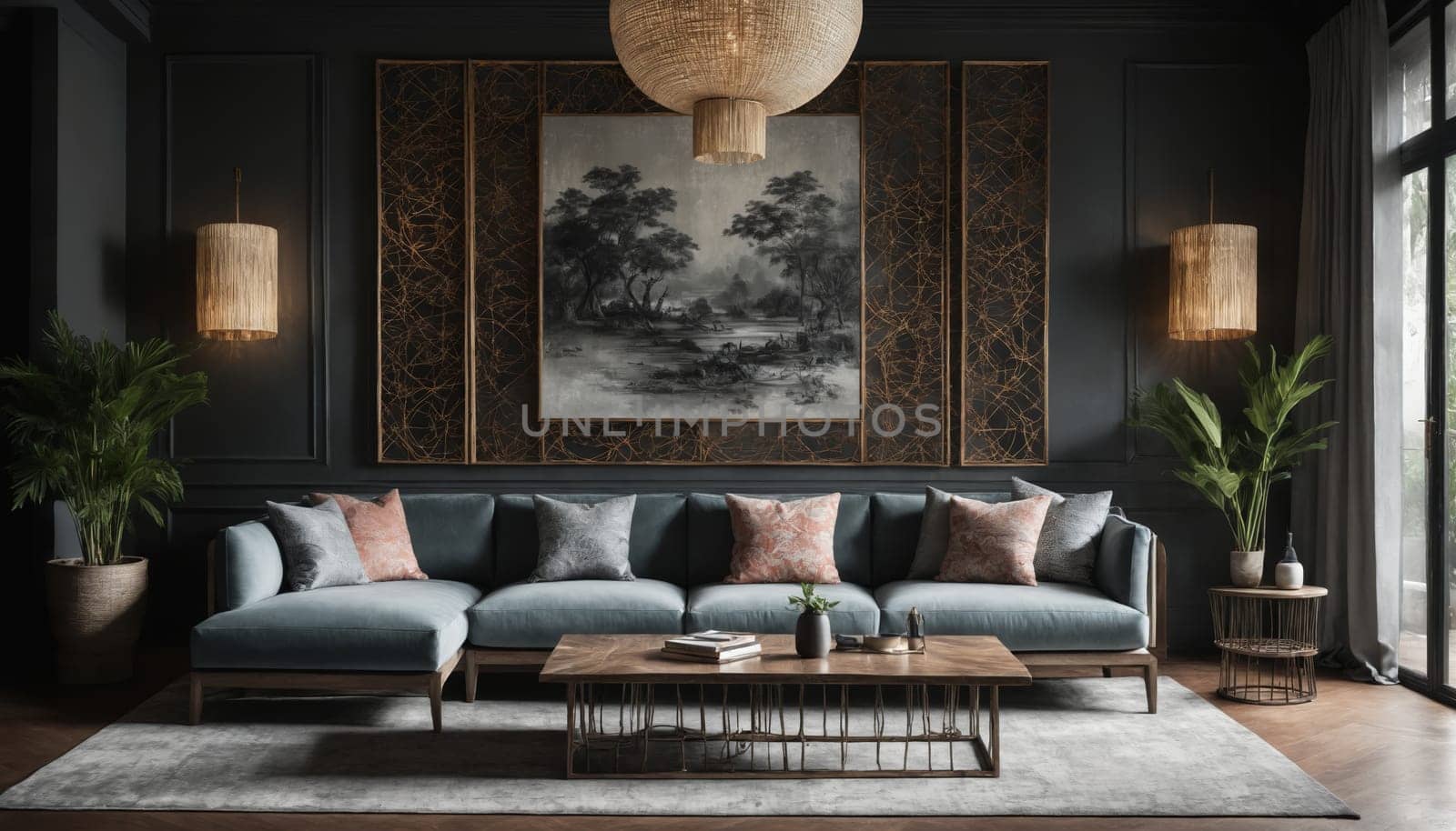 A contemporary living room features a gray sofa with soft cushions, a wooden coffee table, and two potted plants. The focal point is a decorative wall panel made of intricately woven materials, adding a unique texture and dimension to the space.