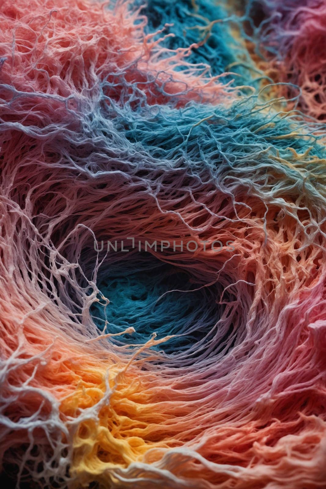 This close-up image captures a vibrant and intricate tapestry of thread, seemingly woven together in a mesmerizing, chaotic pattern. The threads are dyed in shades of pink, blue, yellow, and orange, creating a captivating rainbow effect. The image is a study in texture, with the soft, fluffy threads creating a sense of depth and dimension.
