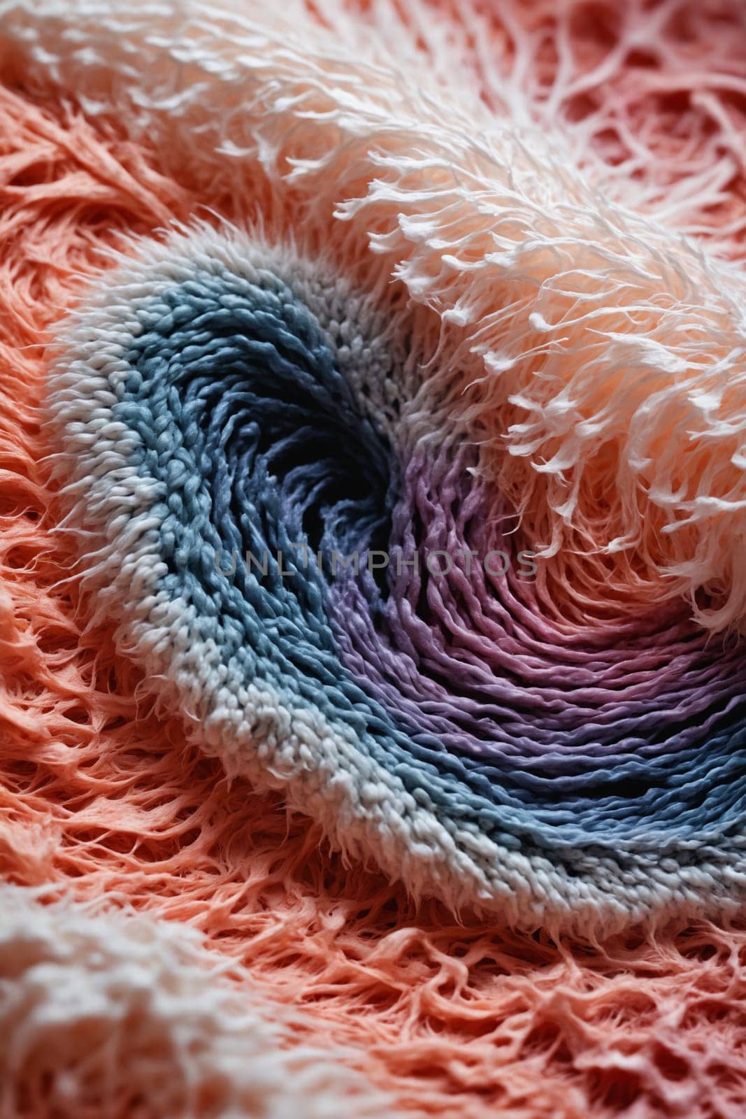 A close-up shot of a fabric with a swirling pattern in a rainbow of colors, including pink, blue, and white. The fabric has a fuzzy texture and a distinct circular pattern, creating a visually appealing and textured image.