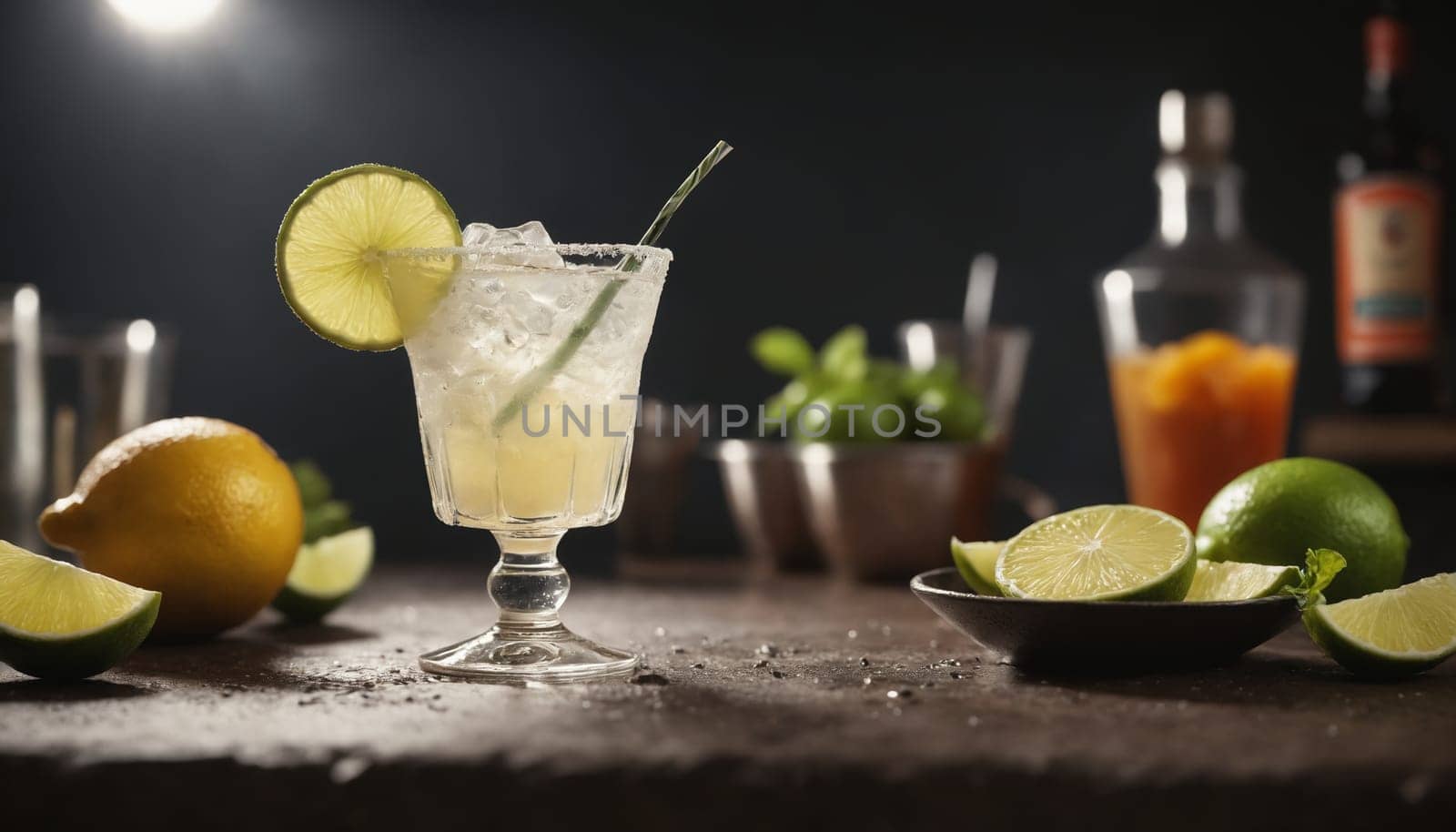 A close-up shot of a refreshing lime and mint cocktail, garnished with a lime wedge and a sprig of mint. The cocktail is served in a chilled glass with a sugar rim and sits on a rustic wooden bartop. Other limes, lemons, and a second cocktail are visible in the background.