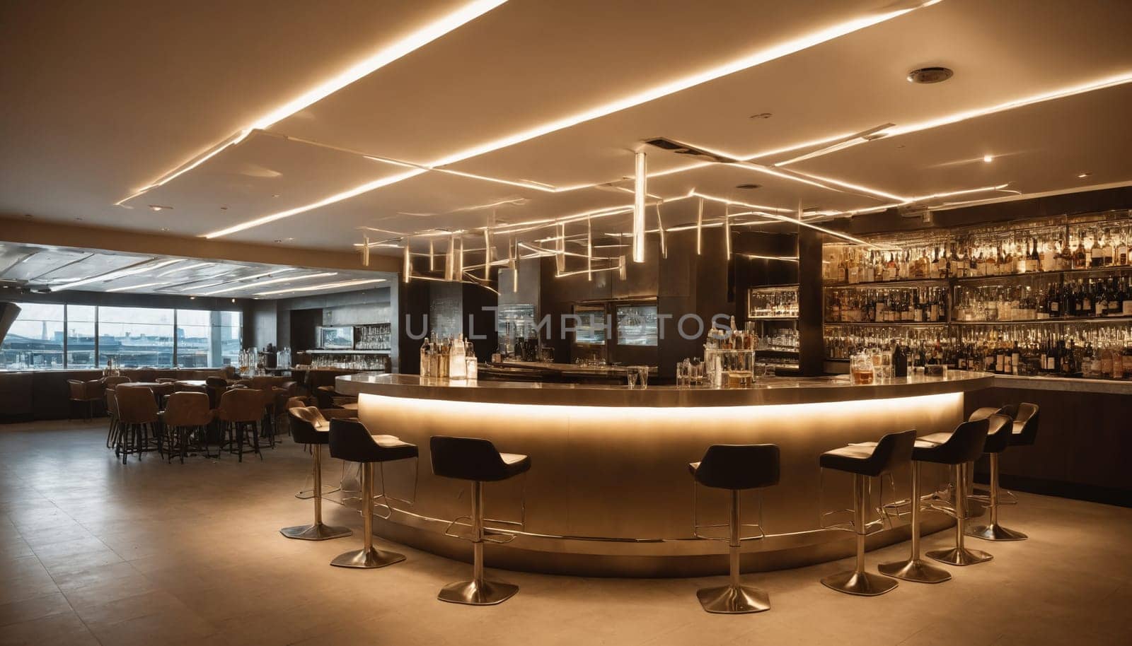 A modern bar with a sleek, minimalist design. The bar is lined with stools and has a long, white countertop. Behind the bar is a wall of shelves filled with various bottles of spirits. A large, glittering chandelier hangs from the ceiling above the bar. The bar is lit by spotlights and has a warm, inviting ambiance.