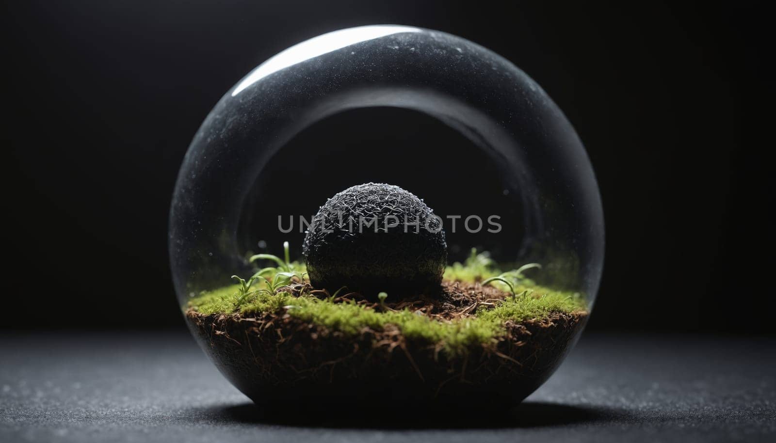A single sprout, with bright green leaves, emerges from a moss-covered sphere. The sphere sits on a dark gray surface, bathed in the soft glow of a dim light. The background is a dark, almost black, providing a striking contrast to the vivid green of the sprout.
