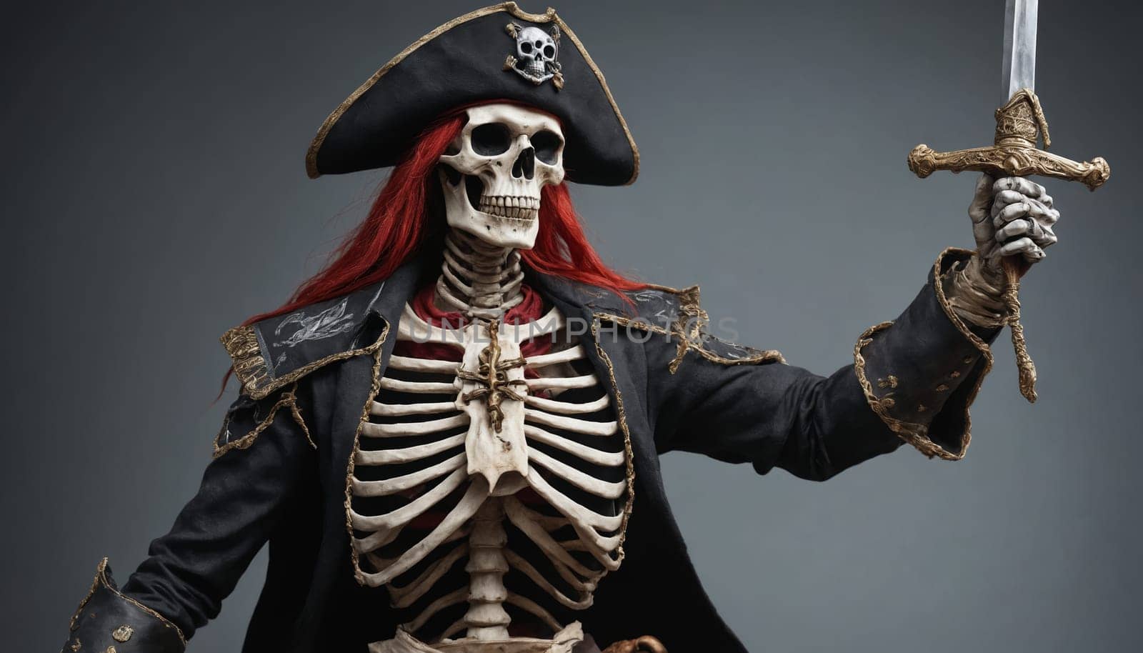 A pirate skeleton, dressed in full regalia, stands with a sword in hand, ready to lead his crew into battle. The skeletons menacing gaze and imposing posture create a sense of both humor and danger.