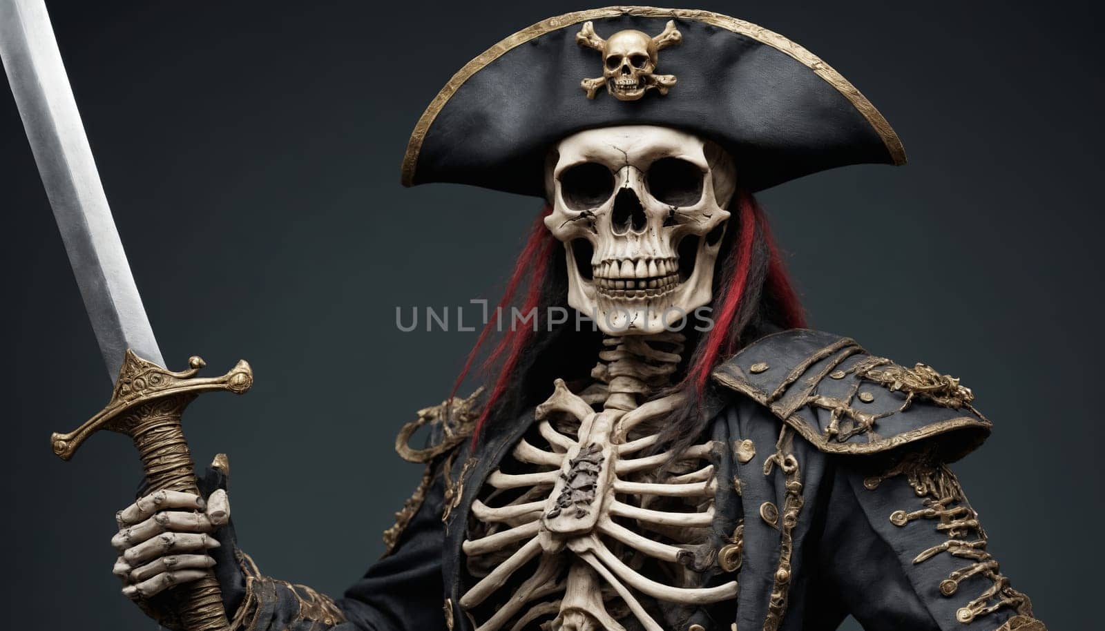 This image shows a detailed, close-up view of a skull pirate statue, complete with a black tricorn hat with gold trim and a red bandana. The statues skull is intricately sculpted, with a lifelike quality that evokes both fear and fascination. Its expression appears calm and composed, making it seem as if the pirate is simply observing its surroundings.