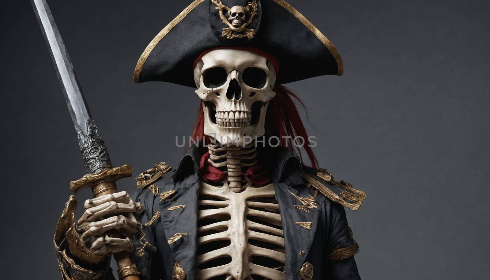 A skeletal pirate captain stands defiantly against a dark backdrop, holding a sword with a bony hand. The captains skull is adorned with a pirate hat, and a red bandana is tied around his neck. This image captures the essence of a pirates spirit, even in death.