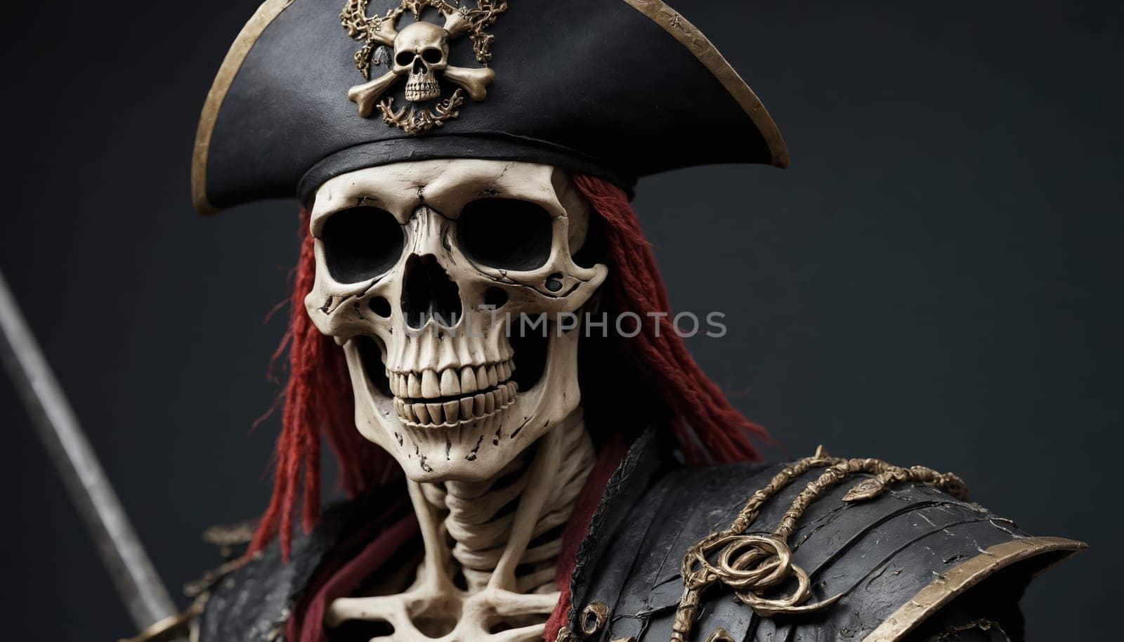 A skeletal pirate captain, dressed in a black coat adorned with gold trim and a red bandana, stands with his bony hand gripping a sword. His skull face stares ahead with a determined expression, highlighting his menacing presence. The background is a dark, simple setting, allowing the skeletal figure to stand out in stark contrast.