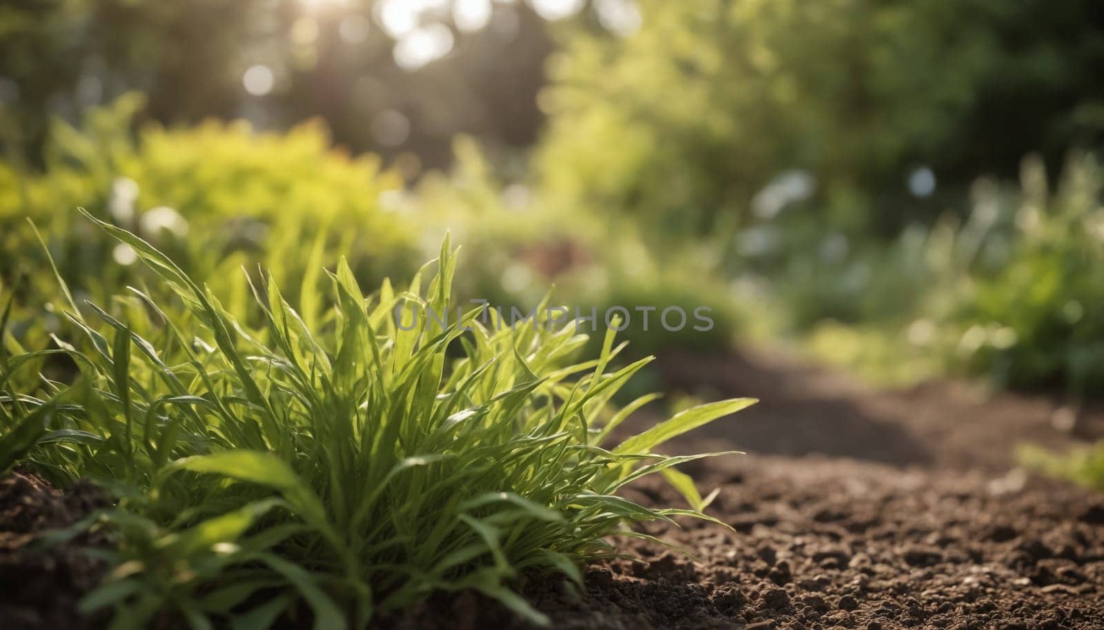 A vibrant path winds through a lush summer garden, lined with vibrant orange blossoms and verdant foliage. The suns rays bathe the scene in a warm, golden glow, creating a serene and inviting atmosphere.