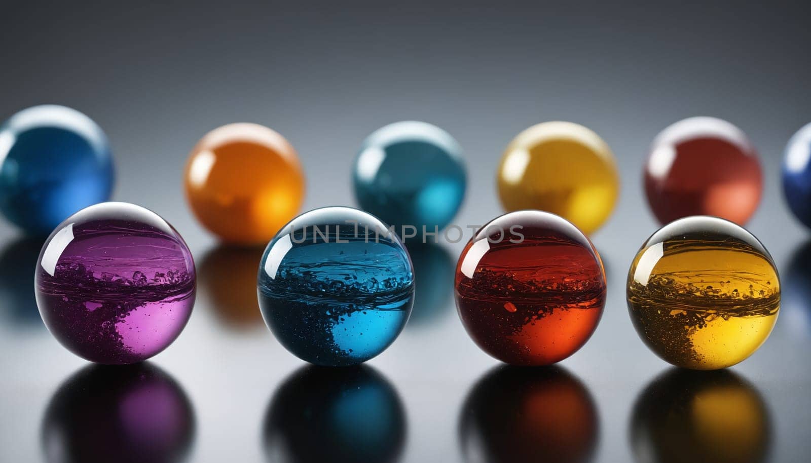 A close-up photograph of nine glass marbles of various colors arranged in a row on a gray surface. The marbles are perfectly round and reflect light beautifully, creating a mesmerizing display of color and texture.