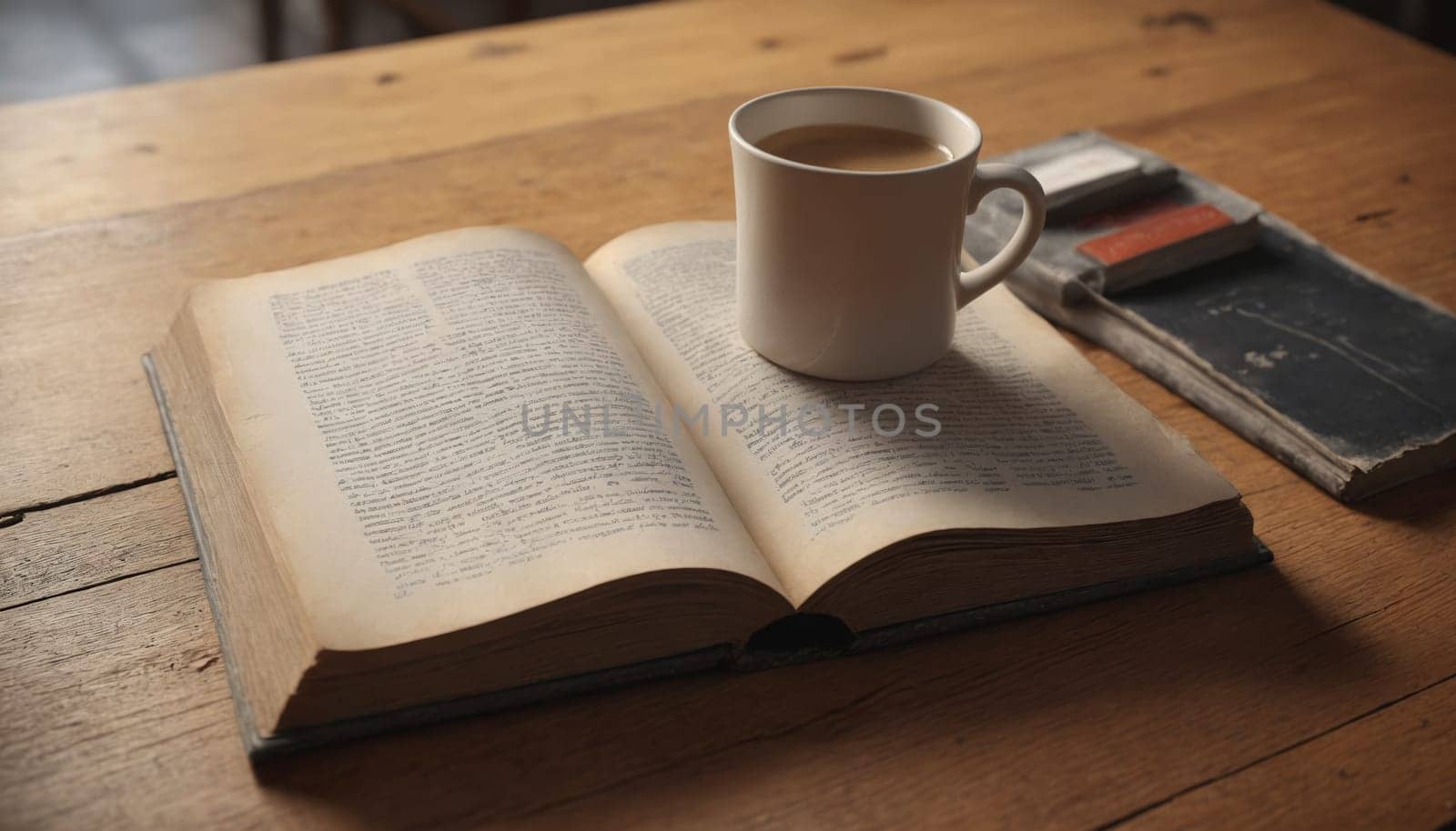 An open book with blank pages lies on a wooden table, beside a white mug filled with dark coffee. The light casts shadows on the woodgrain, creating a cozy and inviting atmosphere.
