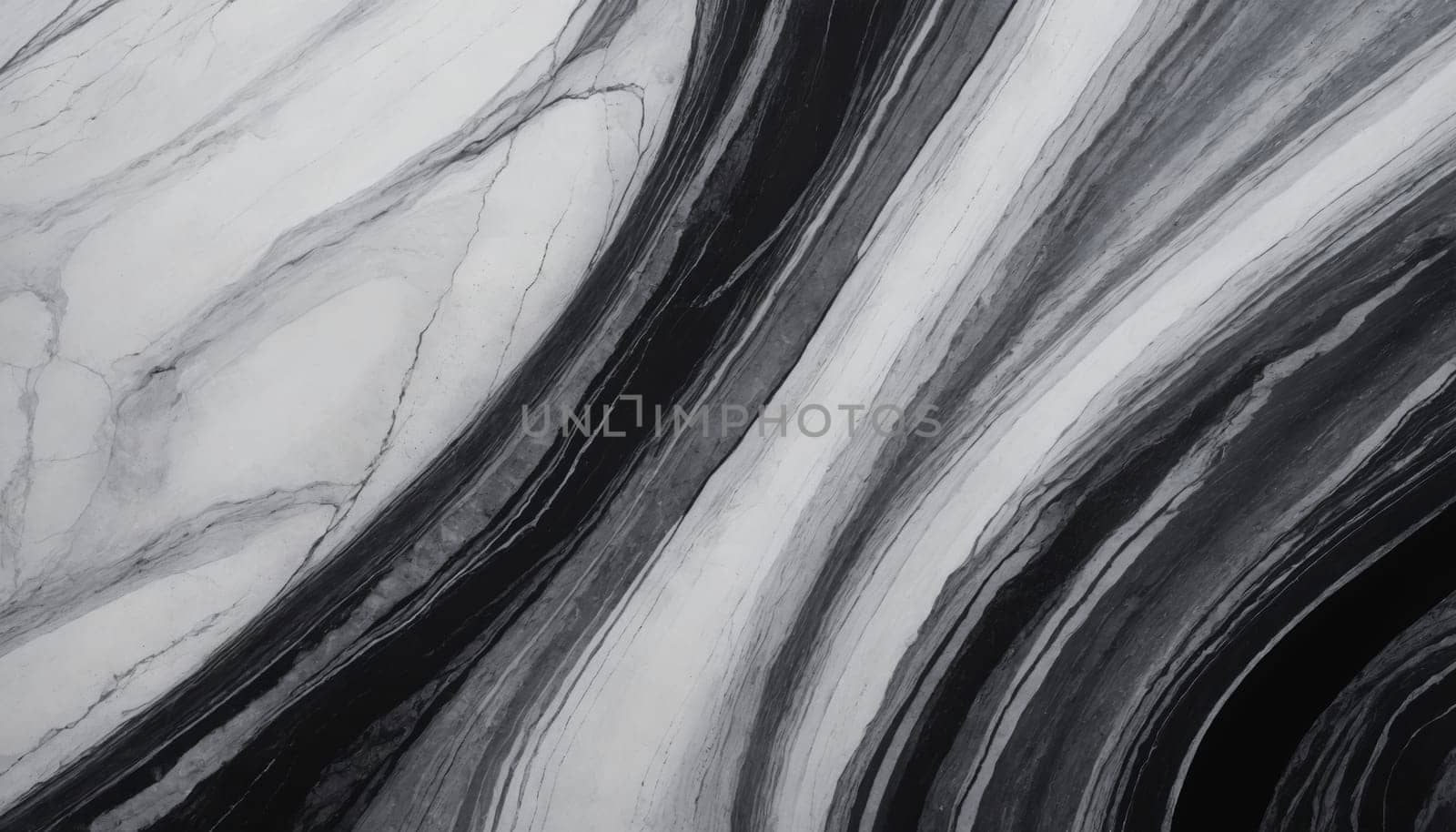 A close-up image of a polished marble surface with flowing, abstract patterns in shades of black, white, and gray. The veins of the marble twist and turn, creating a dynamic and captivating visual.
