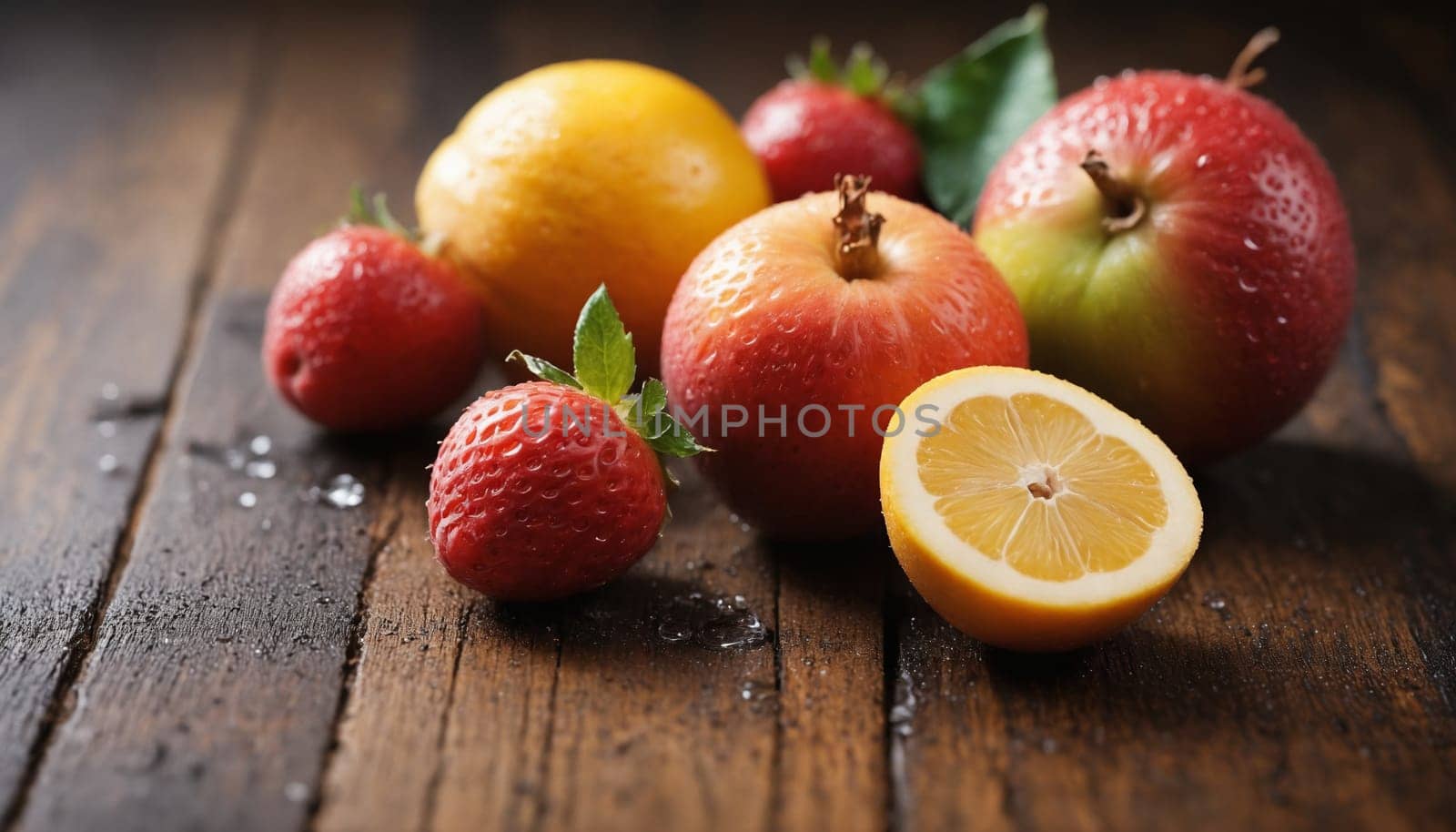 A vibrant mix of ripe fruits, including strawberries, kiwi, and apples, are artfully arranged on a weathered wooden surface. The natural light casts a warm glow on the glossy surfaces, highlighting the freshness and juiciness of the fruit.