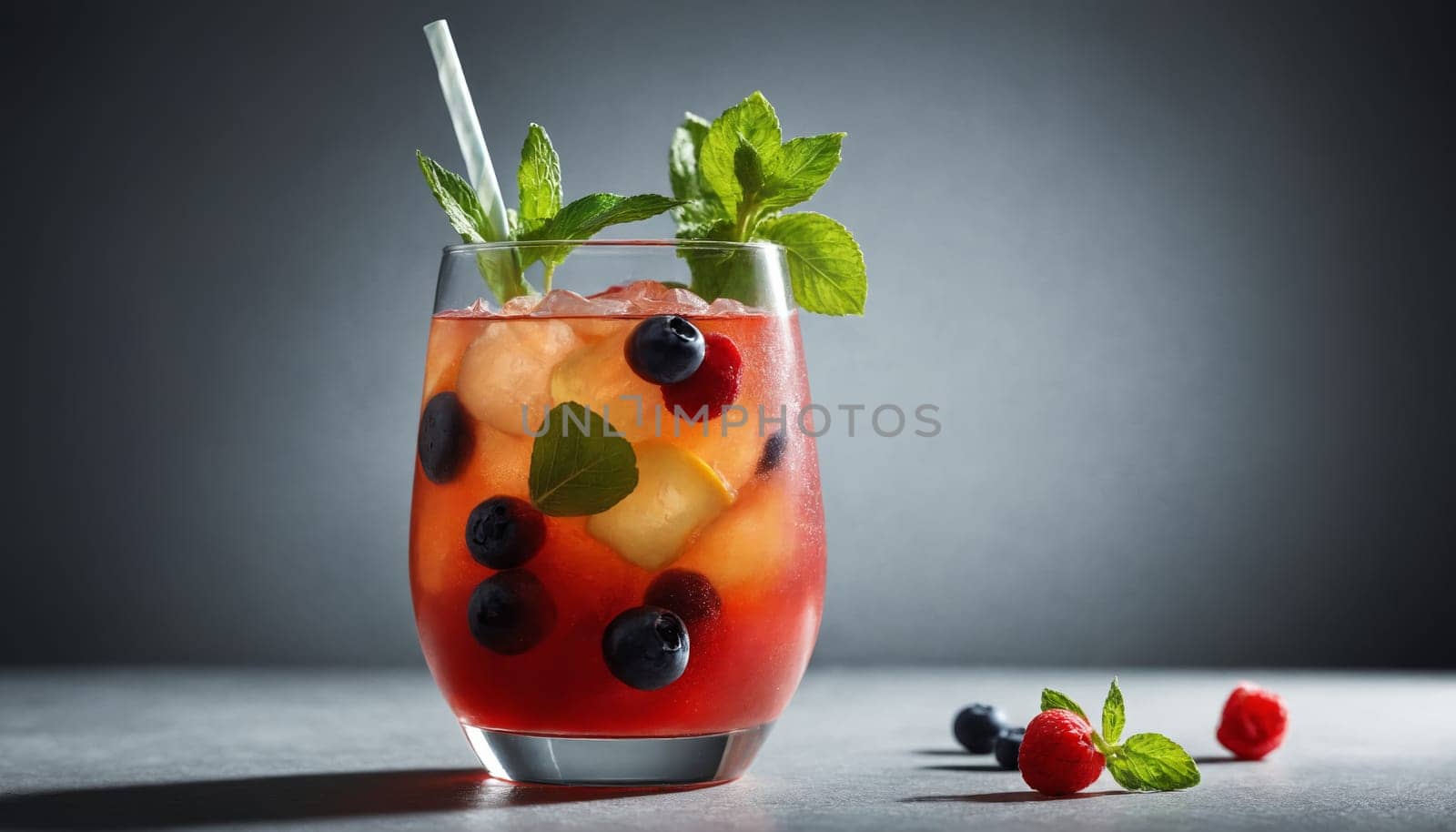 A tall glass filled with a refreshing beverage, adorned with fresh mint and juicy blueberries. Ice cubes clink together as the drink shimmers in the light, promising a cool escape from the summer heat.
