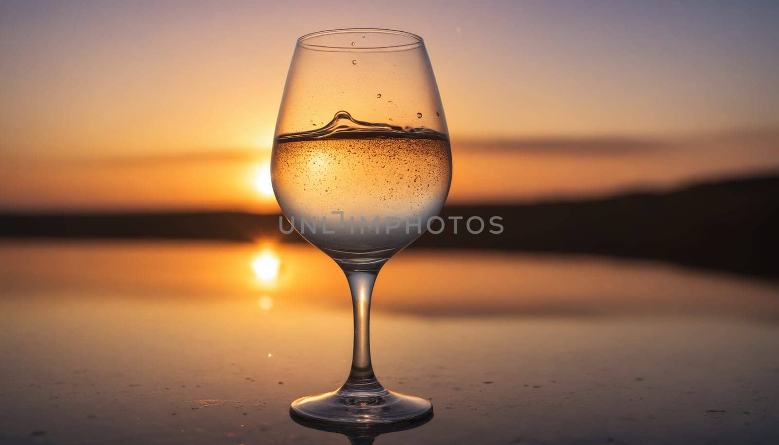 A single glass of water stands on the edge of a lake, its contents reflecting the warm colors of a setting sun. The stillness of the moment is emphasized by the calm water and the soft light, creating a peaceful and contemplative scene.