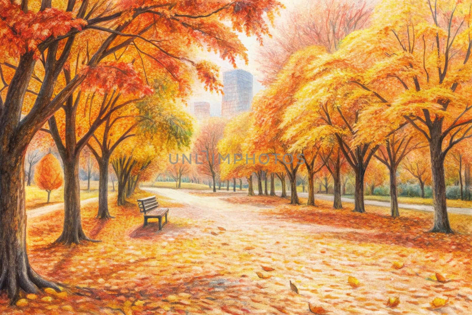 A picturesque painting depicts a tranquil city park blanketed in vibrant autumn foliage. Golden and crimson leaves blanket the ground, creating a carpet of color beneath towering trees. A lone bench sits invitingly on the path, hinting at a moment of peaceful contemplation amidst the natural beauty.
