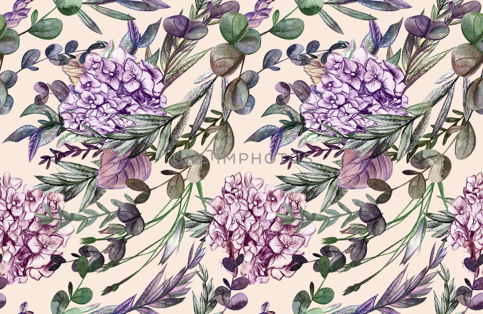Summer pattern with hydrangea flowers drawn in pencil and watercolor for textiles and design